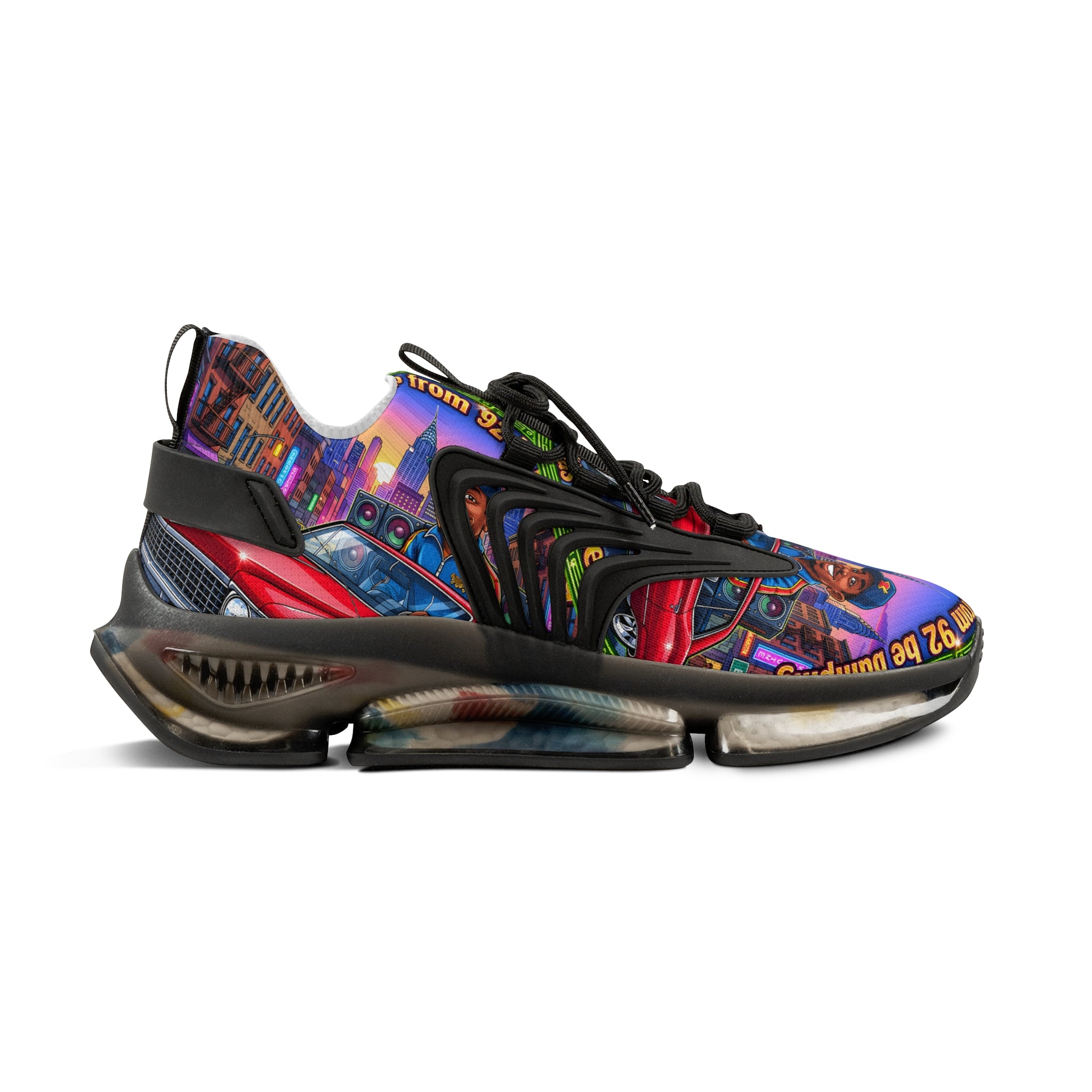 Custom Graphic Mesh Sneakers — "That Hip-hop From 92 Be Bumping" Colorful Cityscape Portrait Design