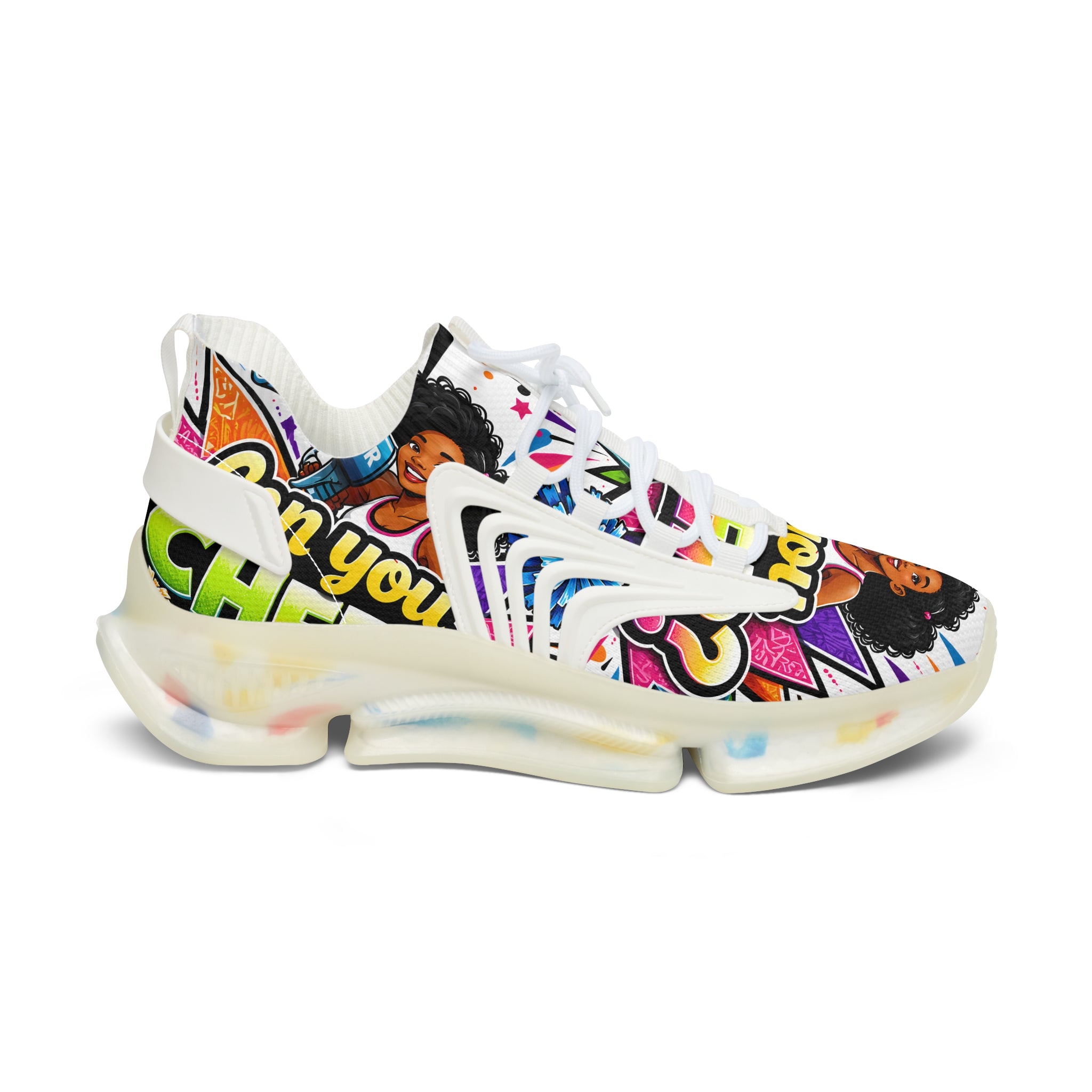 Women's Mesh Sneakers — Colorful Pop Art 'Can You Cheer?' Graphic Athletic Shoes