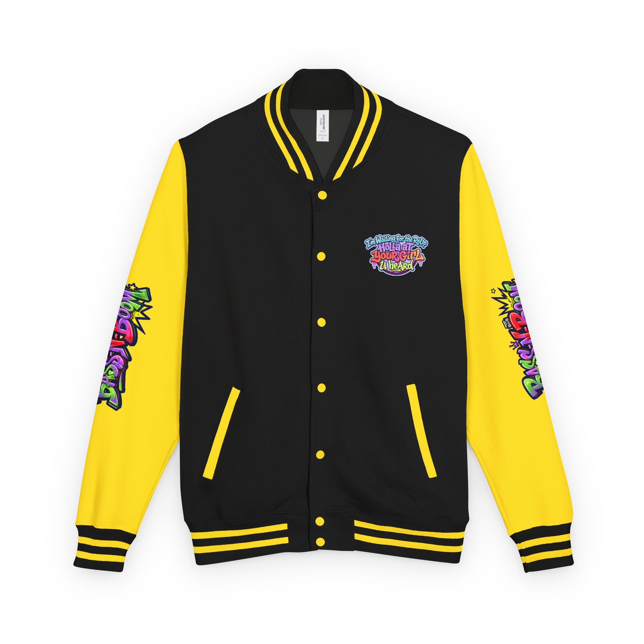 Letterman Jacket — "I'm Waiting For The Reup" Colorful Retro Hip‑Hop Varsity
