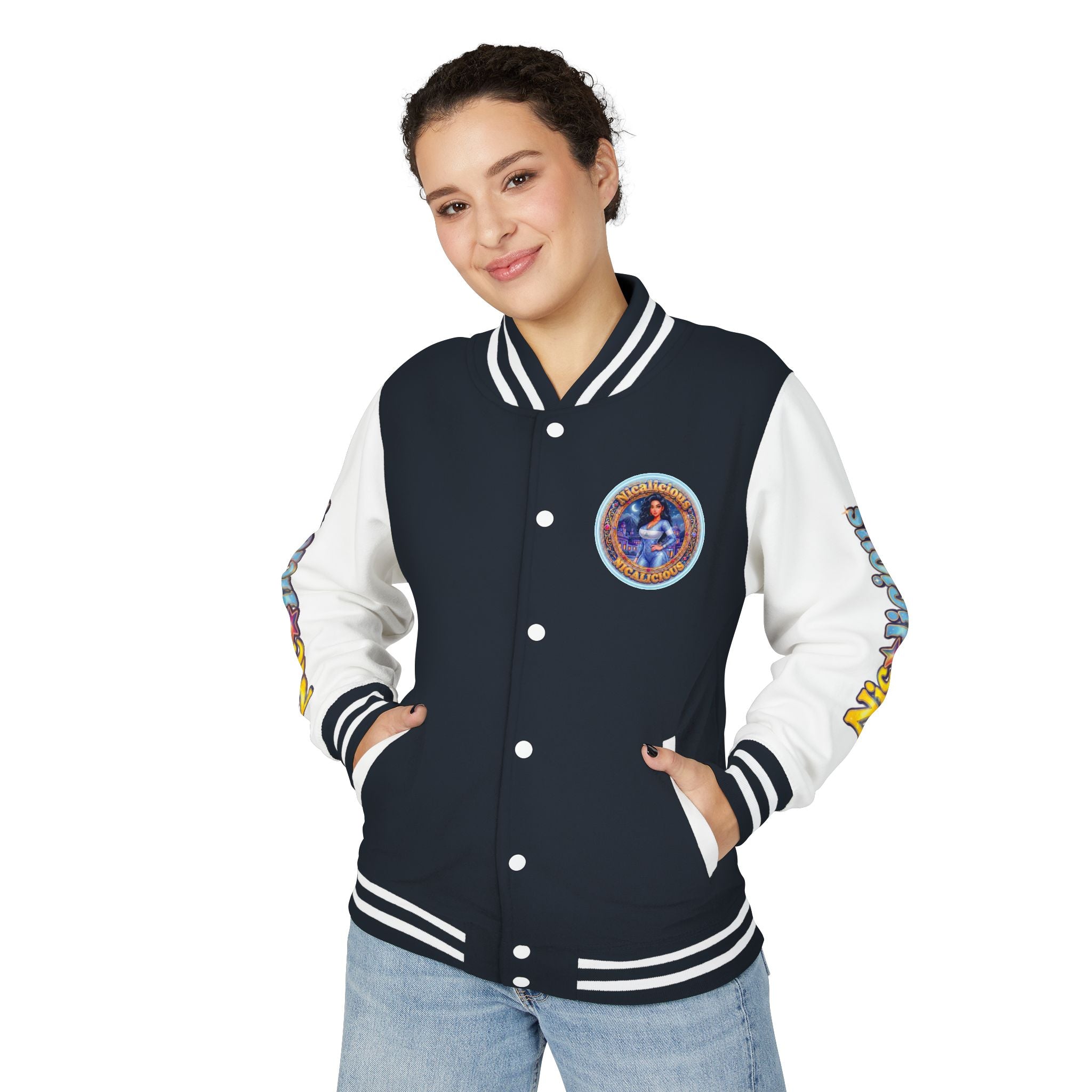 Letterman Jacket — 'Nicalicious' Graphic Varsity Jacket with Retro Badge