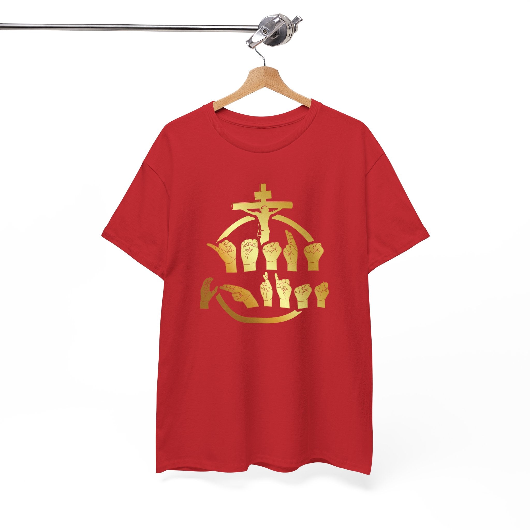 Christian Cross & Praying Hands T-Shirt — Gold Faith Design
