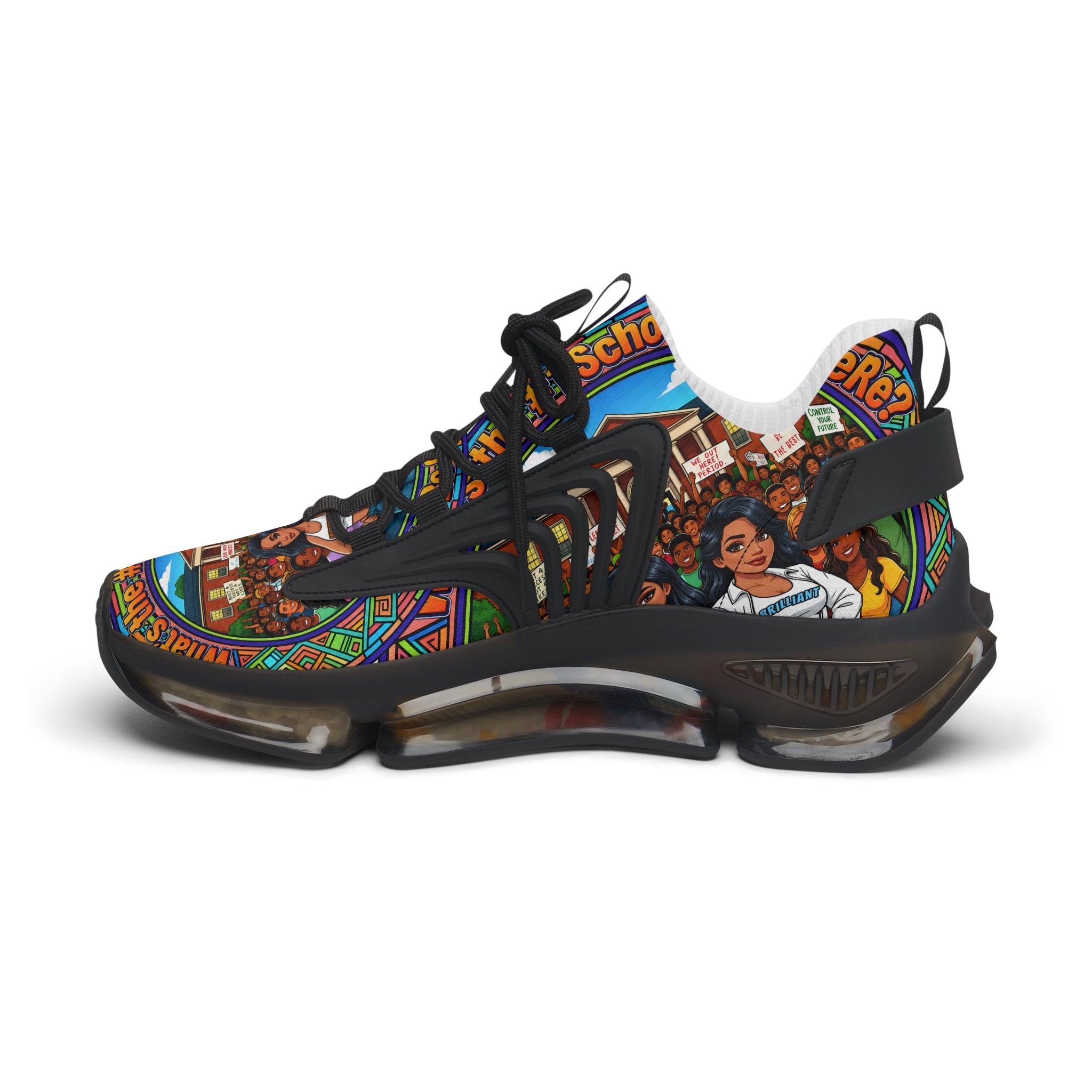 Mesh Sneakers — " What's The #1 School Out There " Colorful Retro School Girl Graphic Athletic Shoes
