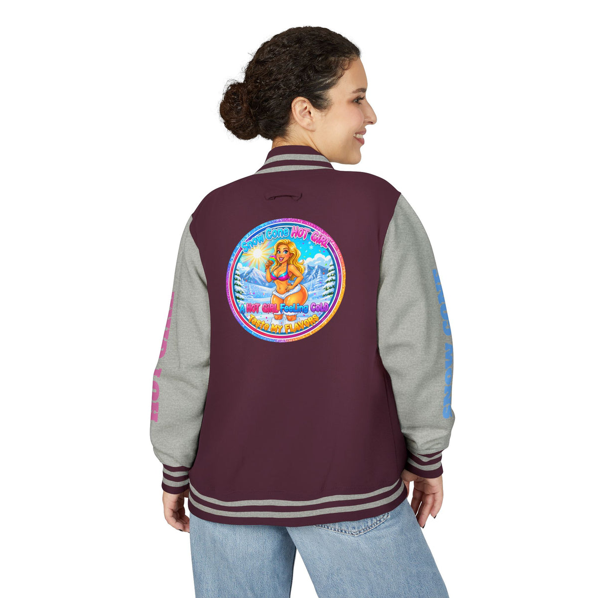 Angel Pinup Letterman Jacket — "Snowcone Hot Girl " Graphic Varsity Jacket
