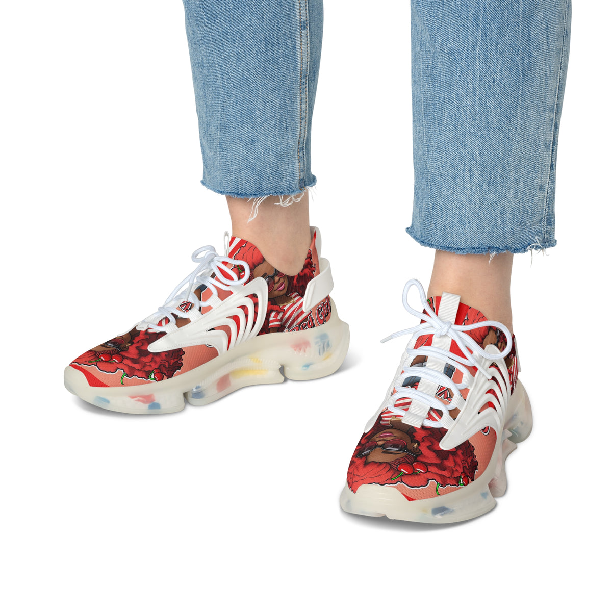 Red Curly-Haired Girl Athletic Sneakers — " Cherry Red Girl "Women's Fashion Mesh Shoes