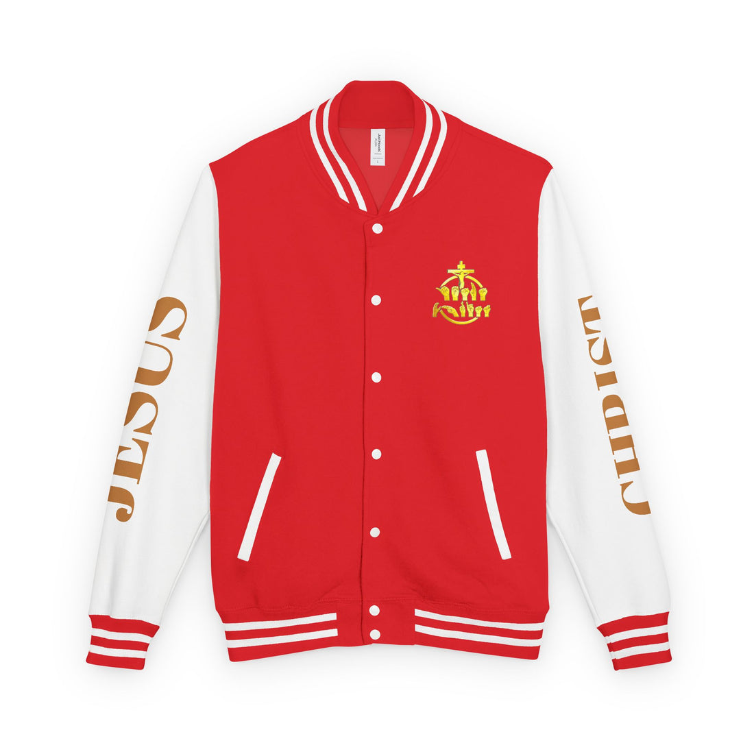 "Sign language Jesus Christ "     Christian Crown Letterman Jacket - 'Jesus Christ' Sleeve Varsity Jacket