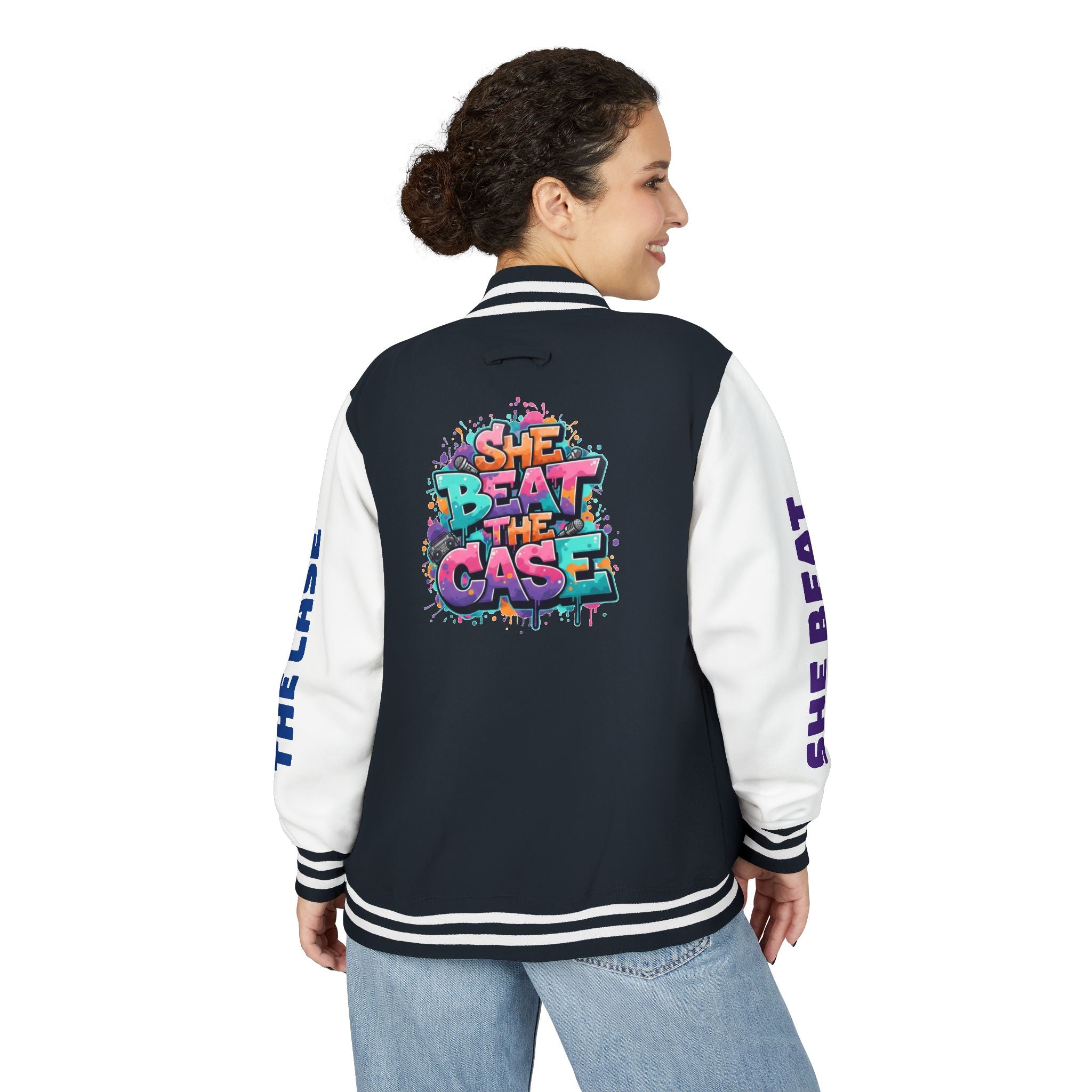 Letterman Jacket — “She Beat the Case” Colorful Graffiti Backprint