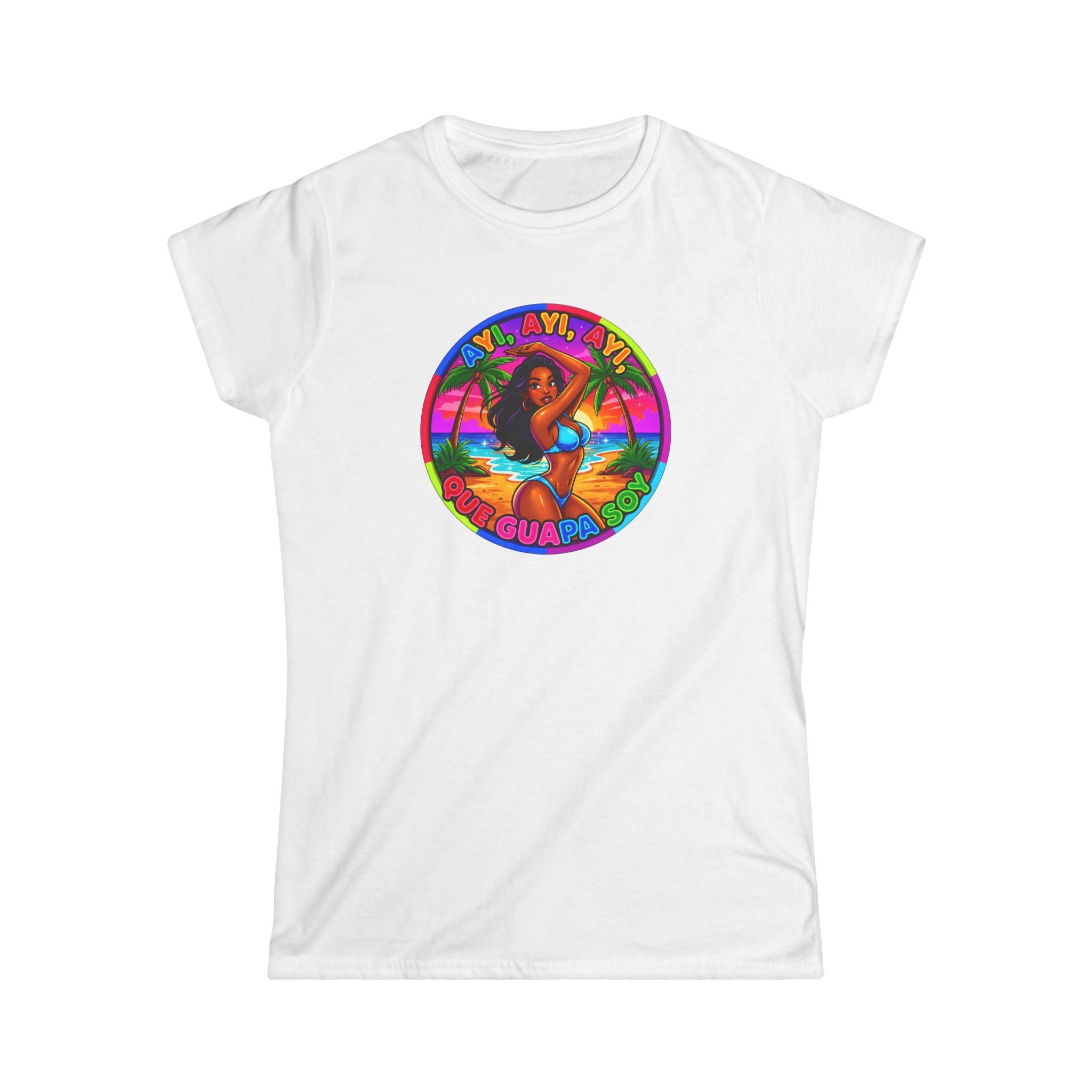 Vintage Tropical Surf T-Shirt — "Ayi, Ayi Ayi Que Guapa Soy"  Retro Beach Graphic
