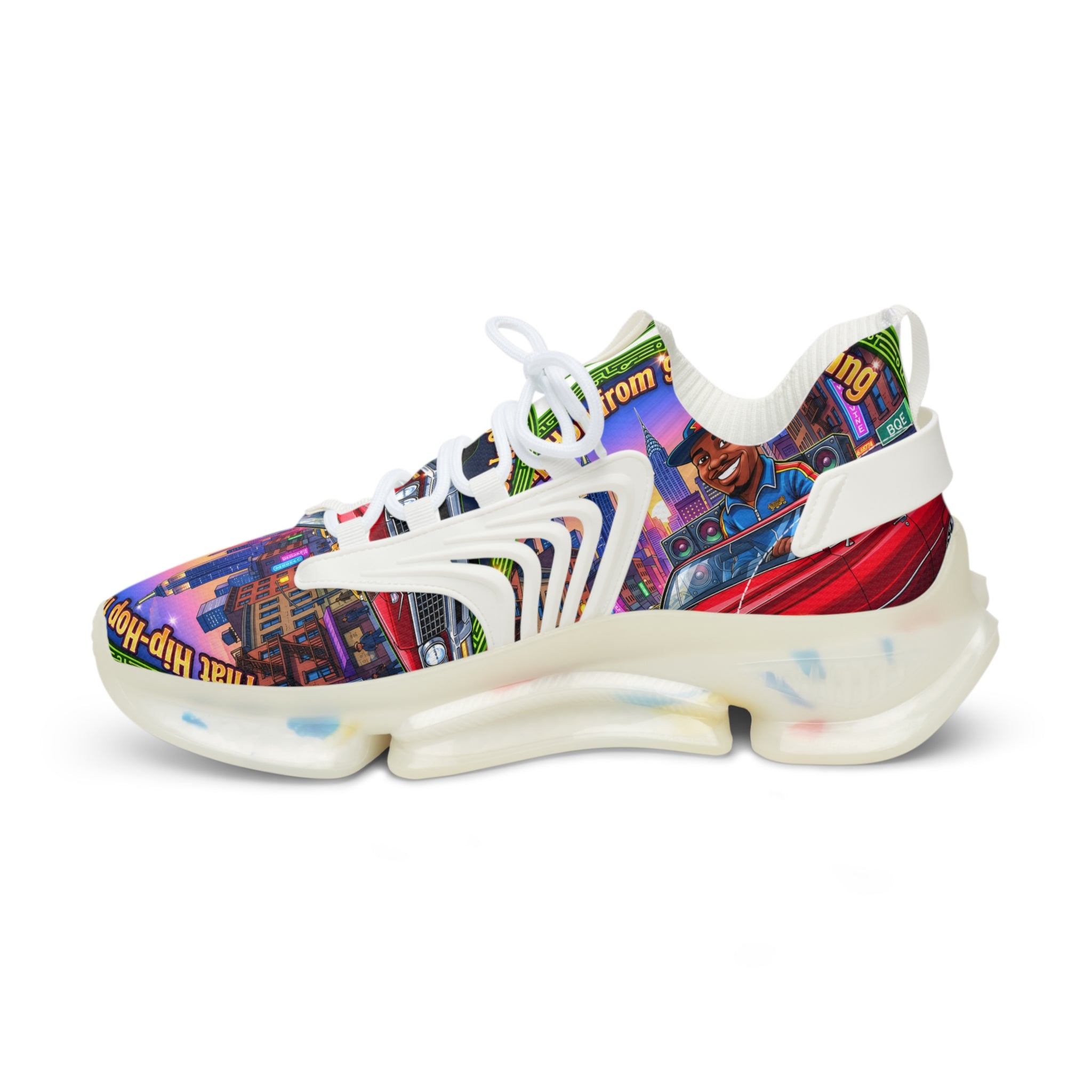 Custom Graphic Mesh Sneakers — "That Hip-hop From 92 Be Bumping" Colorful Cityscape Portrait Design