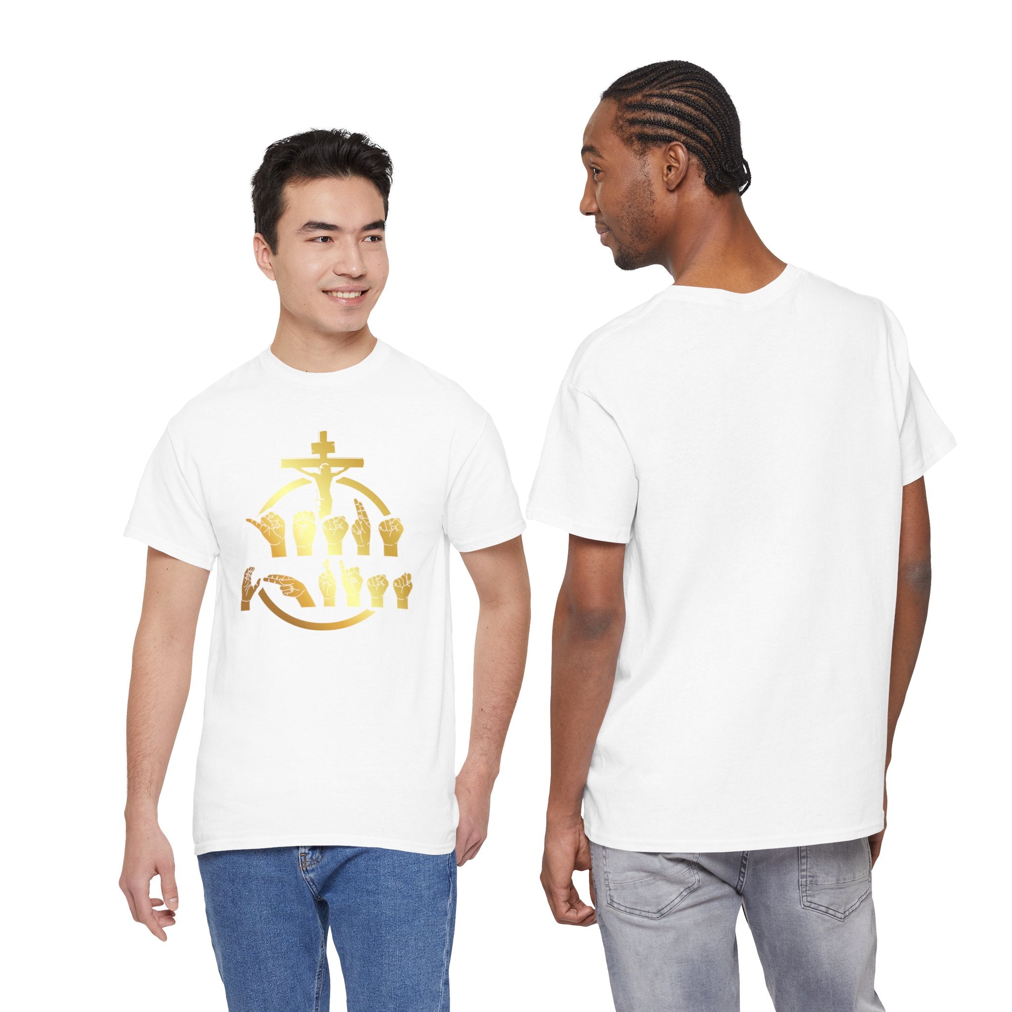 Christian Cross & Praying Hands T-Shirt — Gold Faith Design