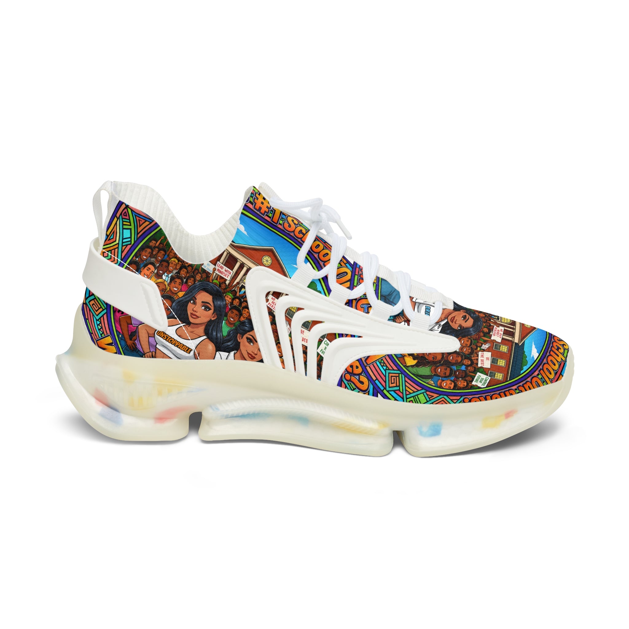 Mesh Sneakers — " What's The #1 School Out There " Colorful Retro School Girl Graphic Athletic Shoes