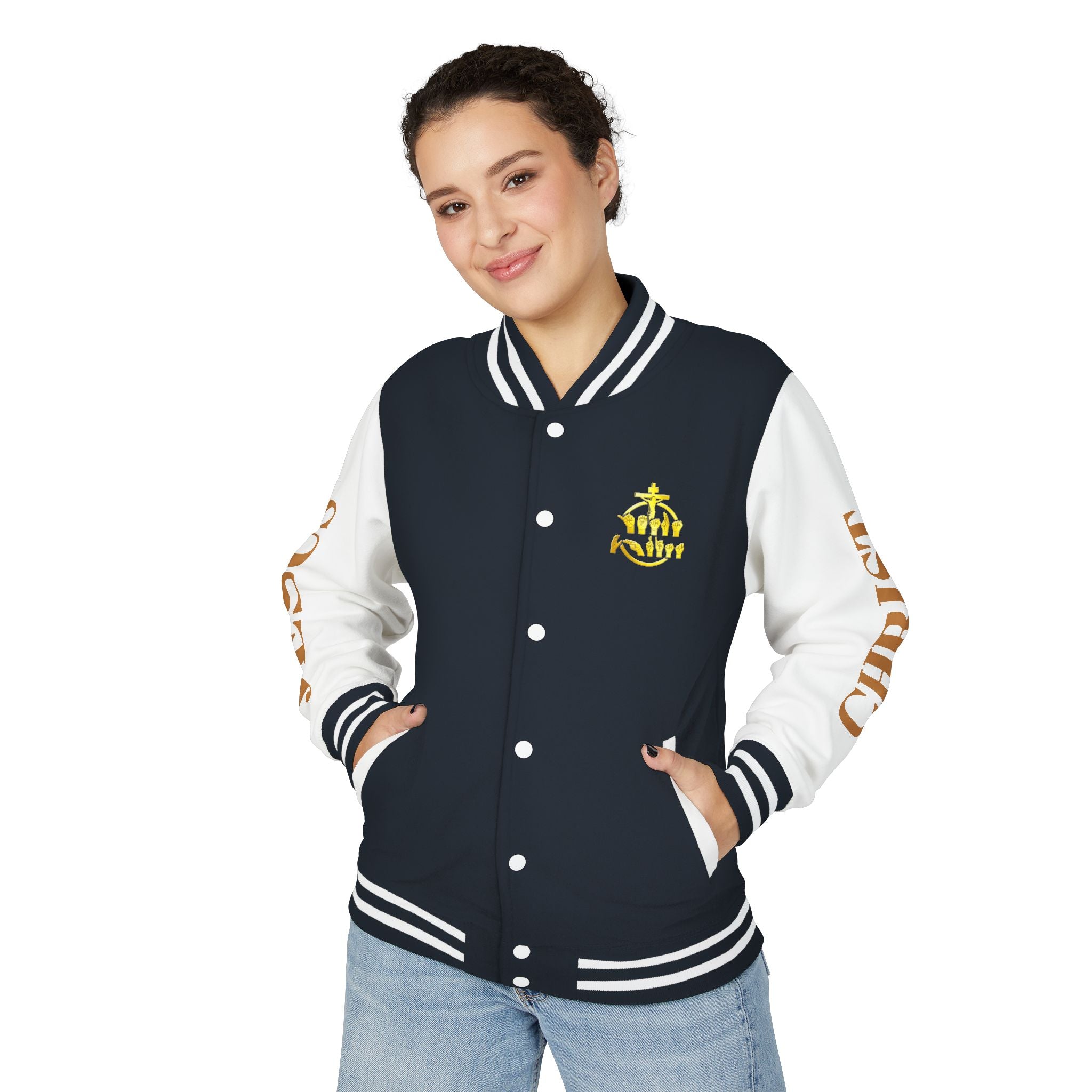 "Sign language Jesus Christ "     Christian Crown Letterman Jacket - 'Jesus Christ' Sleeve Varsity Jacket