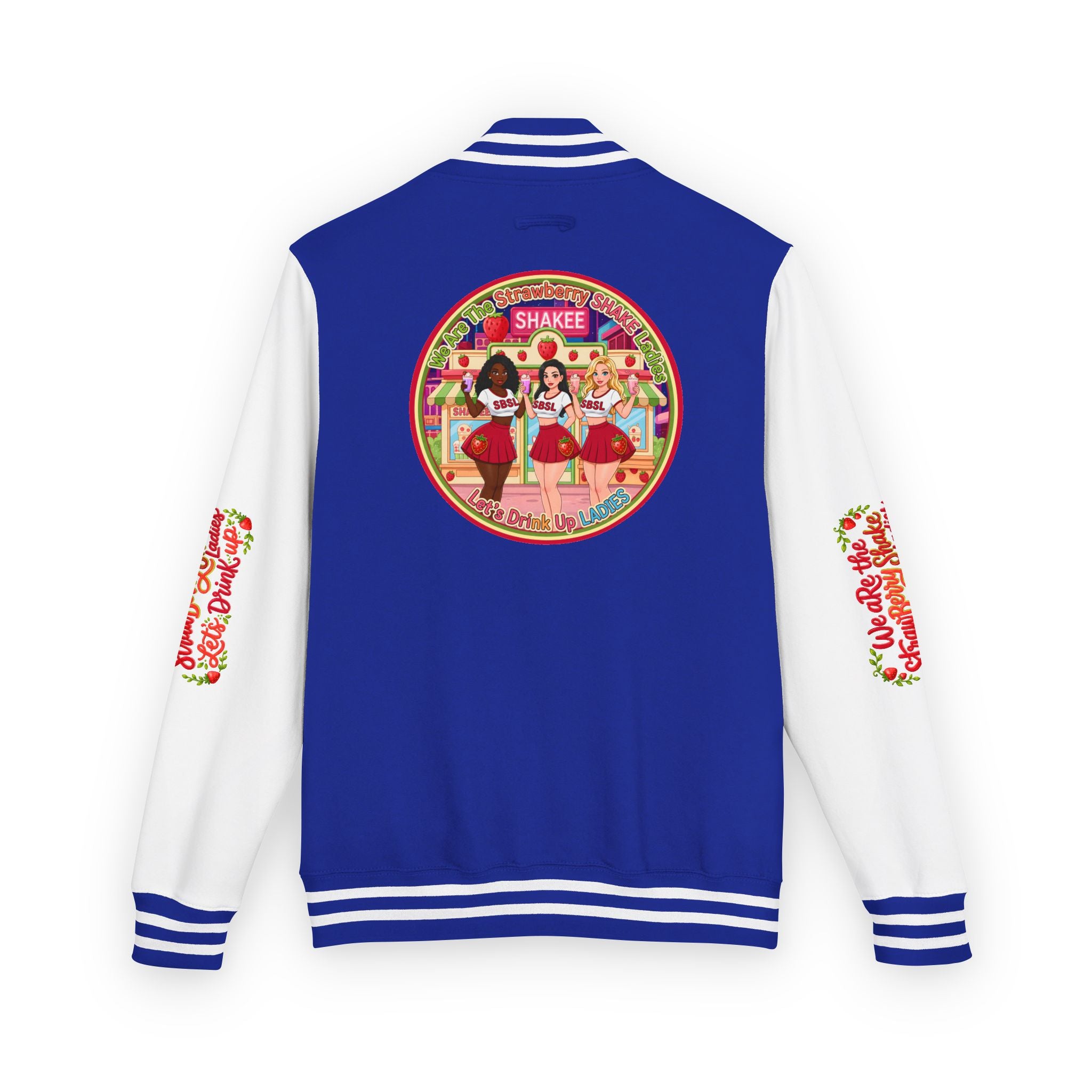 Letterman Jacket — " We Are The Strawberry Shake Ladies " Retro 'Shakee' Strawberry Girls Varsity Jacket