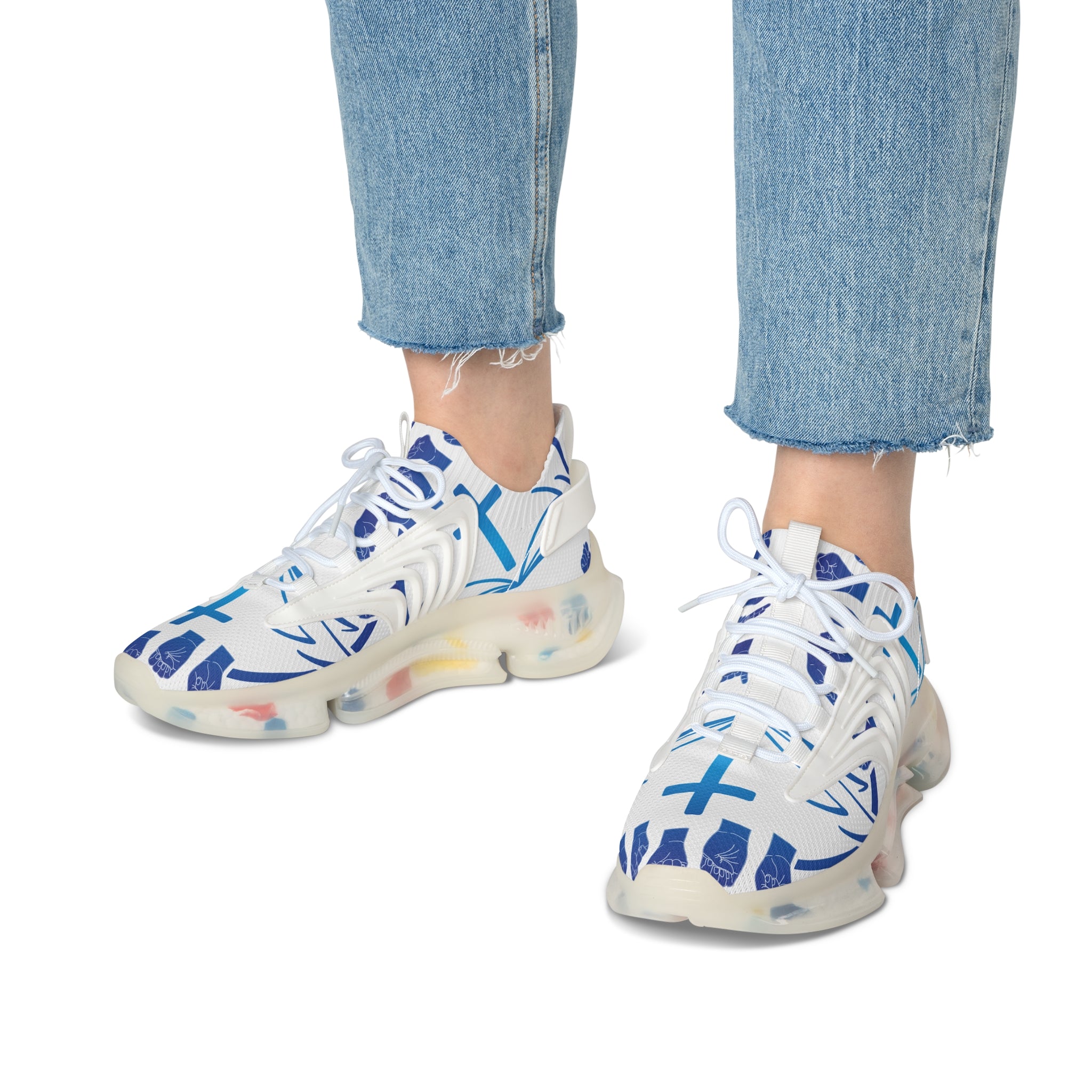 Women's White Mesh Sneakers — "Sign Language Jesus Christ "Lightweight Breathable Athletic Shoes with Color-Speckled Sole