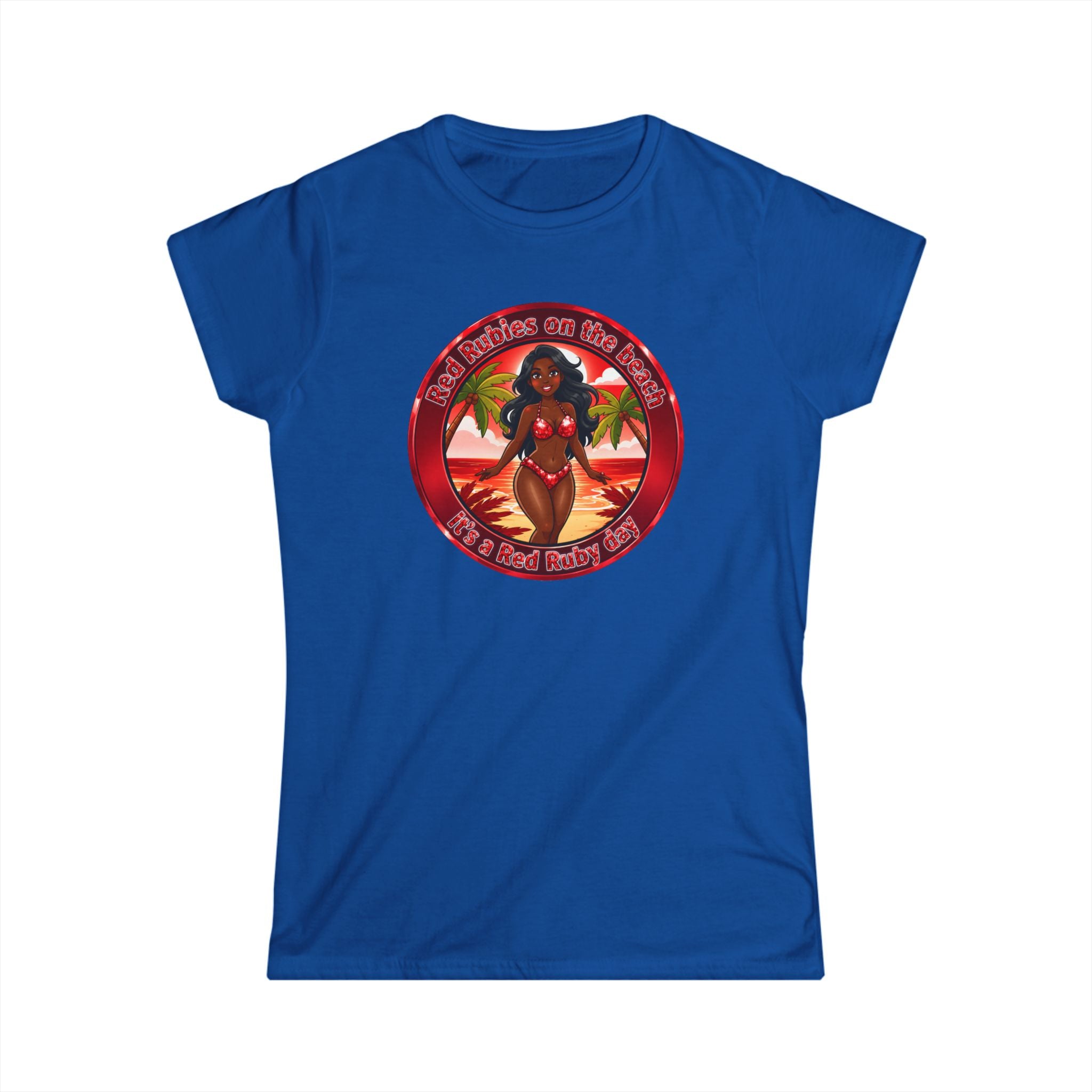 Tropical Pinup Tee — "Red Rubies On The Beach" Vintage Bikini Graphic
