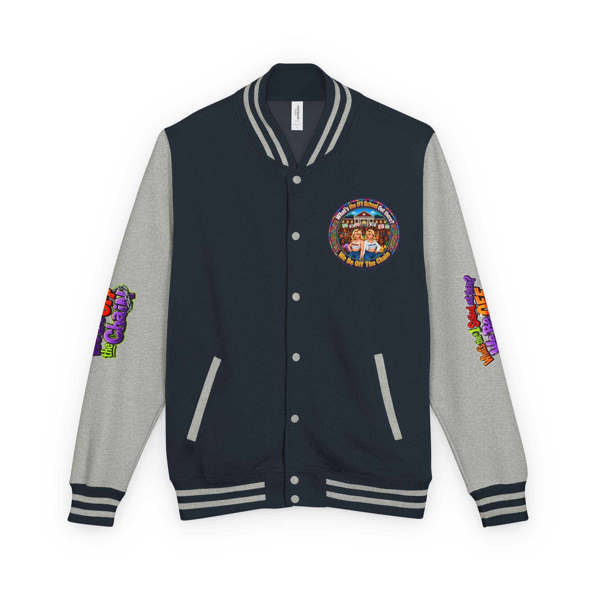 Letterman Jacket — Colorful School Spirit "We Be Off The Chain" Varsity Jacket