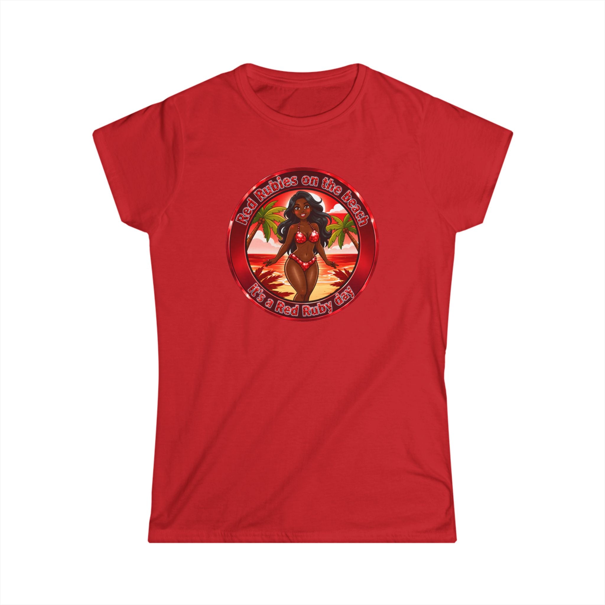 Tropical Pinup Tee — "Red Rubies On The Beach" Vintage Bikini Graphic