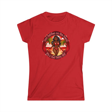 Tropical Pinup Tee — "Red Rubies On The Beach" Vintage Bikini Graphic
