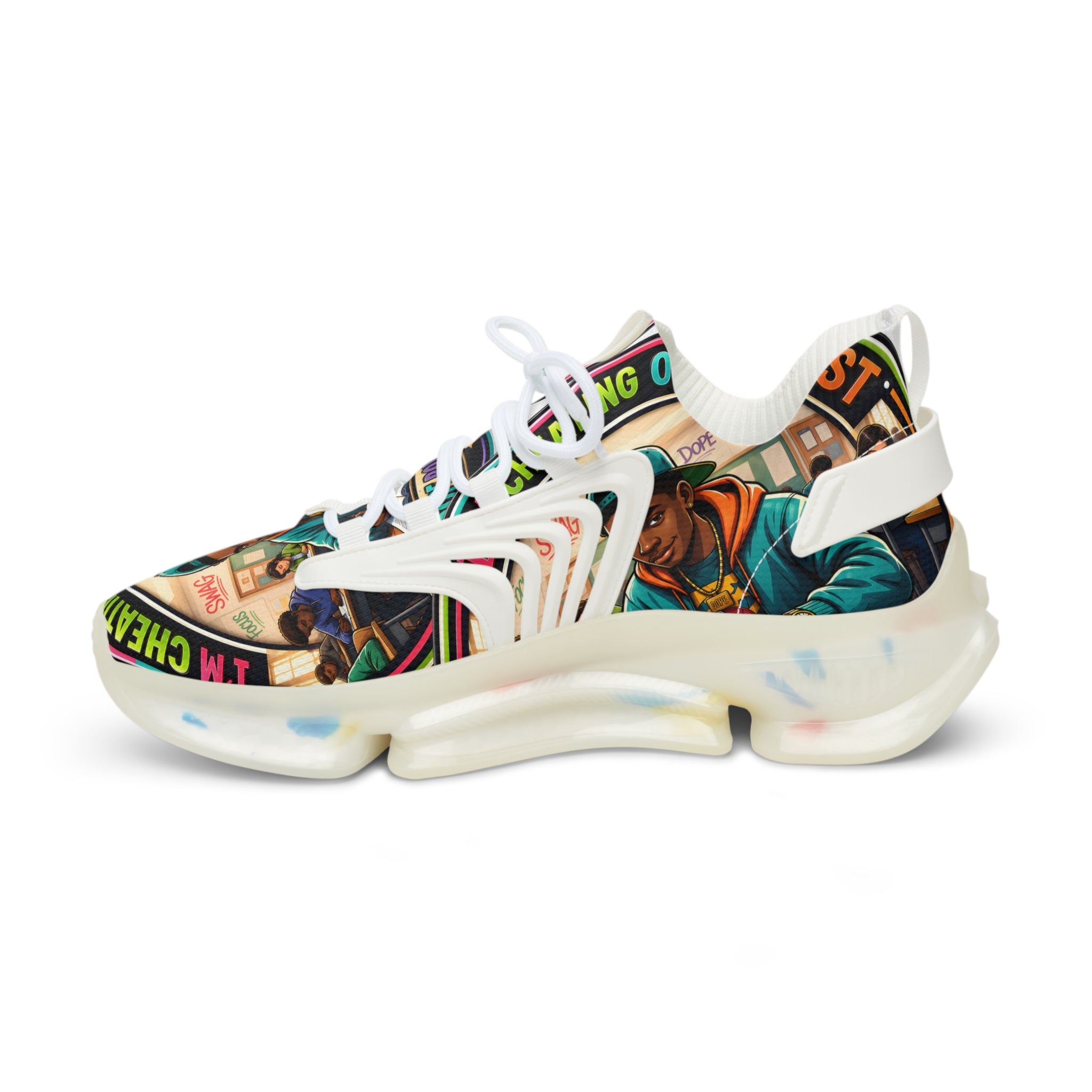 Men's Mesh Sneakers — Colorful Urban Art Graphic Trainers with 'Im Cheating On My Test' Design