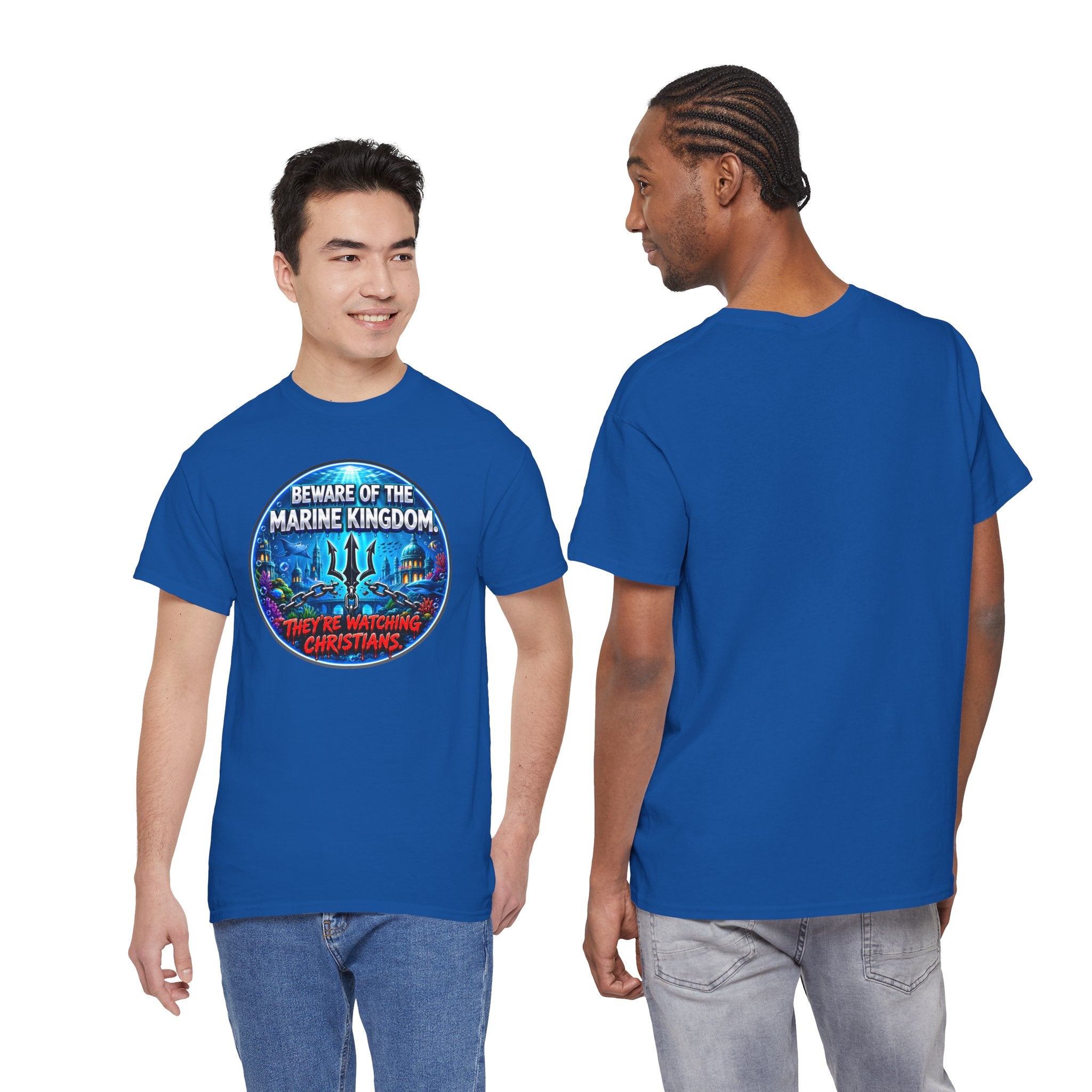 T‑Shirt — "Beware of the Marine Kingdom: They're Watching Christians" Vintage Ocean Graphic