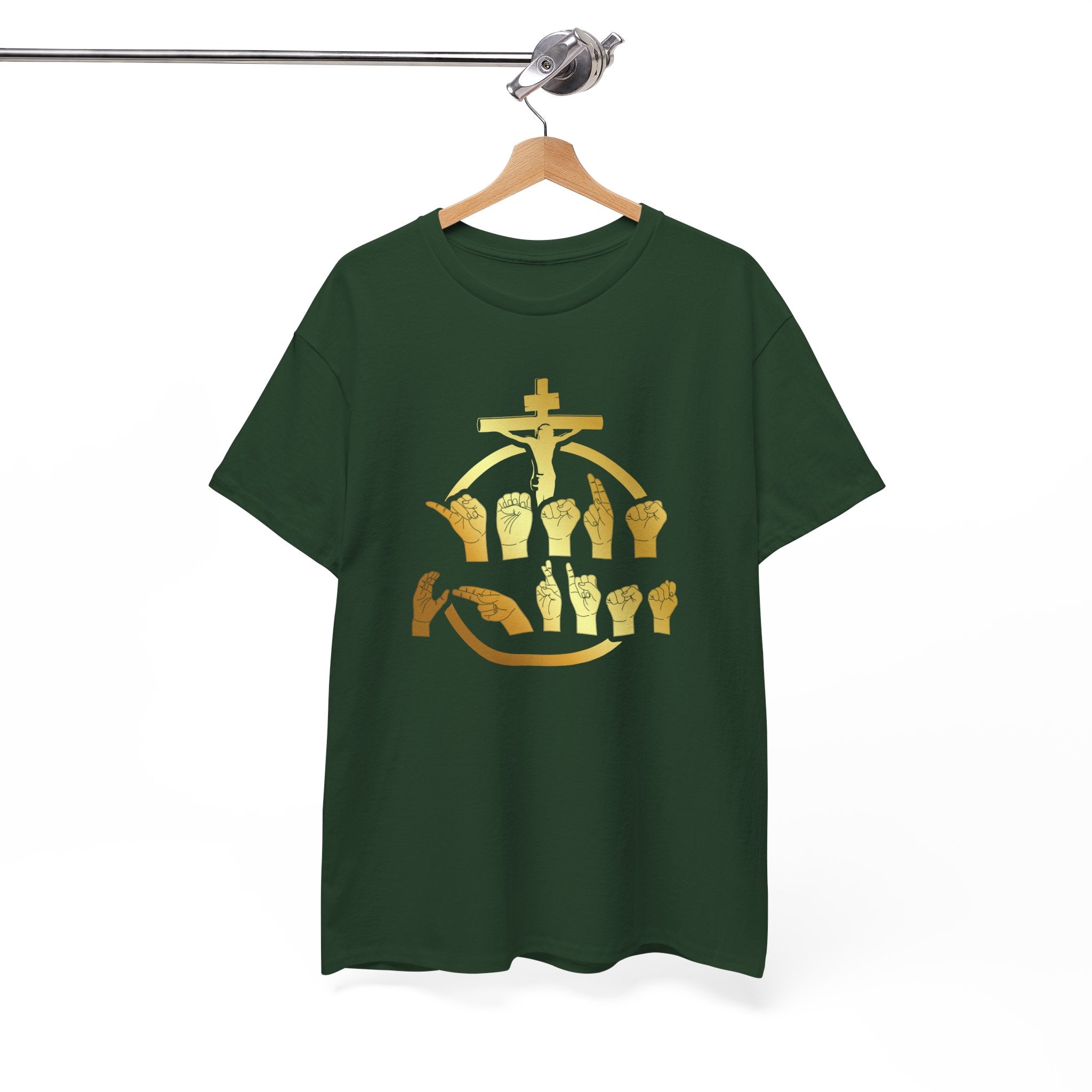 Christian Cross & Praying Hands T-Shirt — Gold Faith Design