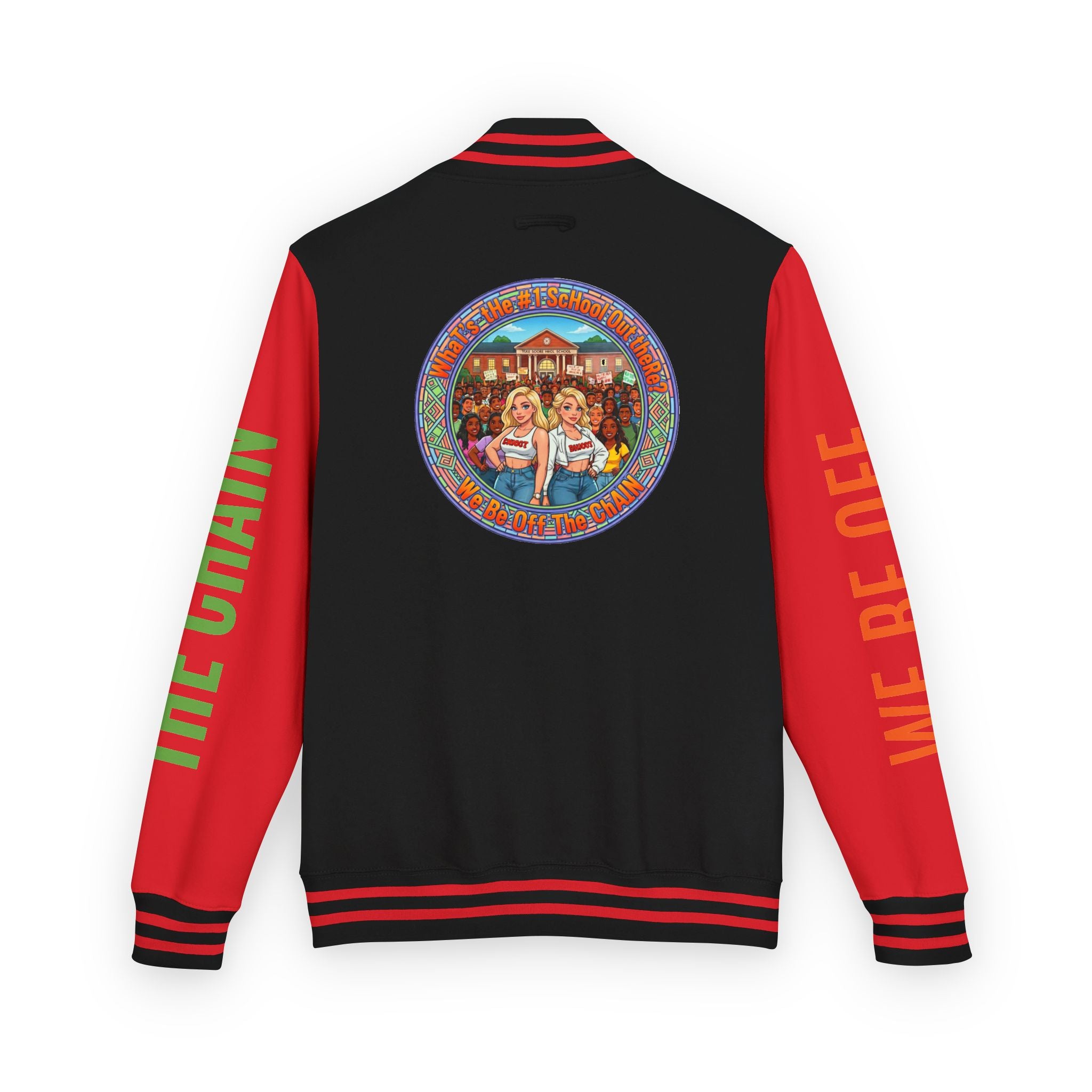 Retro Colorblock Letterman Jacket — 'We Be Off The Chain' Sleeve Print