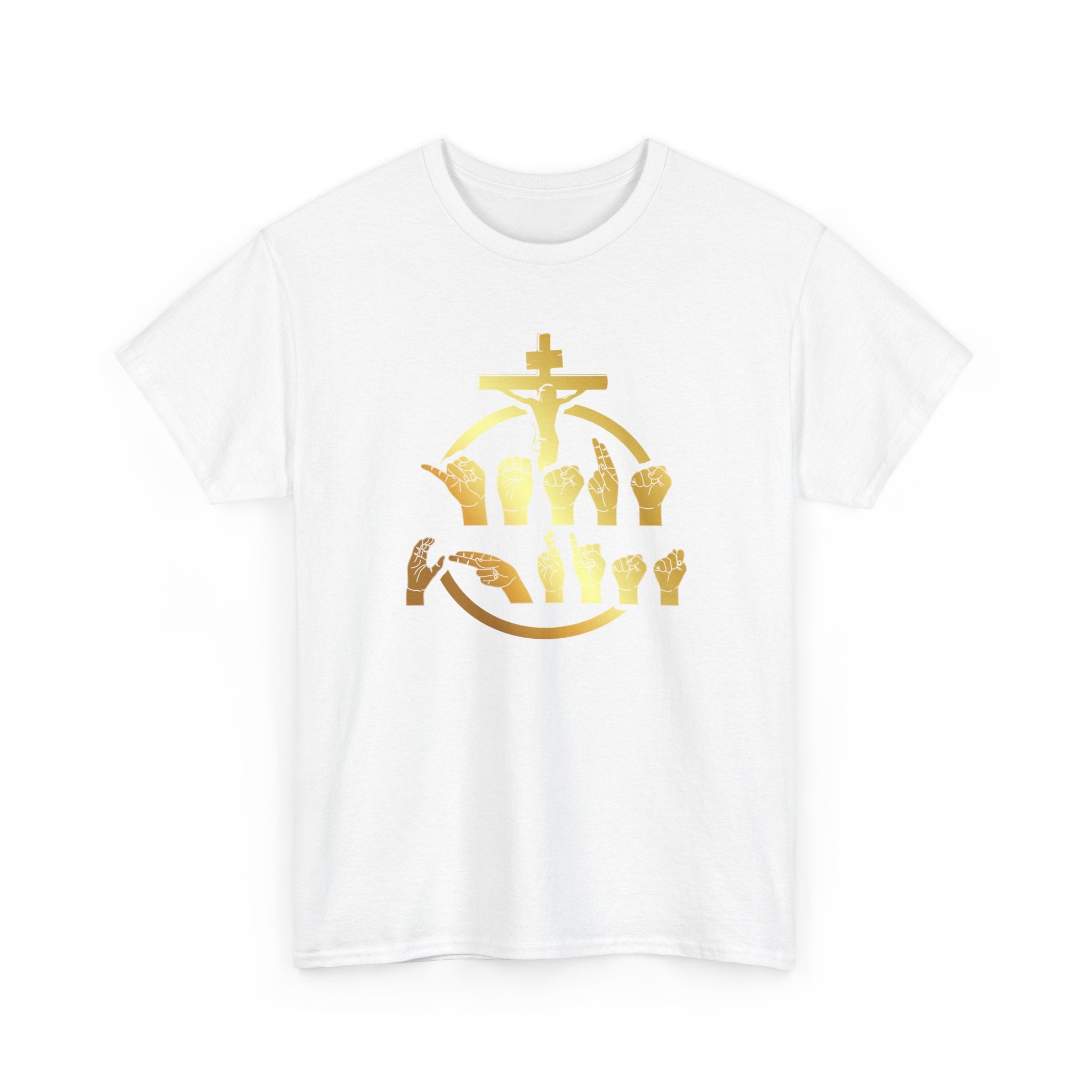 Christian Cross & Praying Hands T-Shirt — Gold Faith Design
