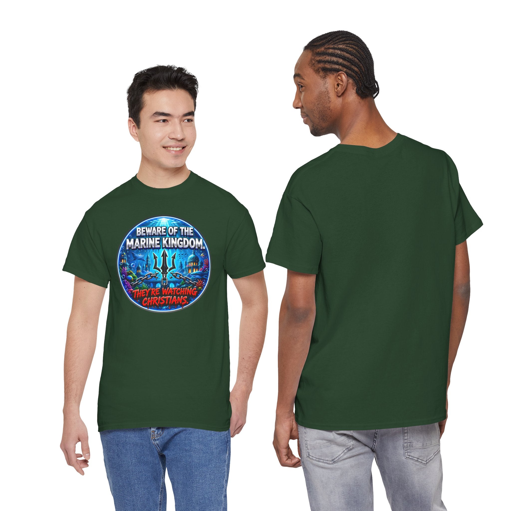 T‑Shirt — "Beware of the Marine Kingdom: They're Watching Christians" Vintage Ocean Graphic