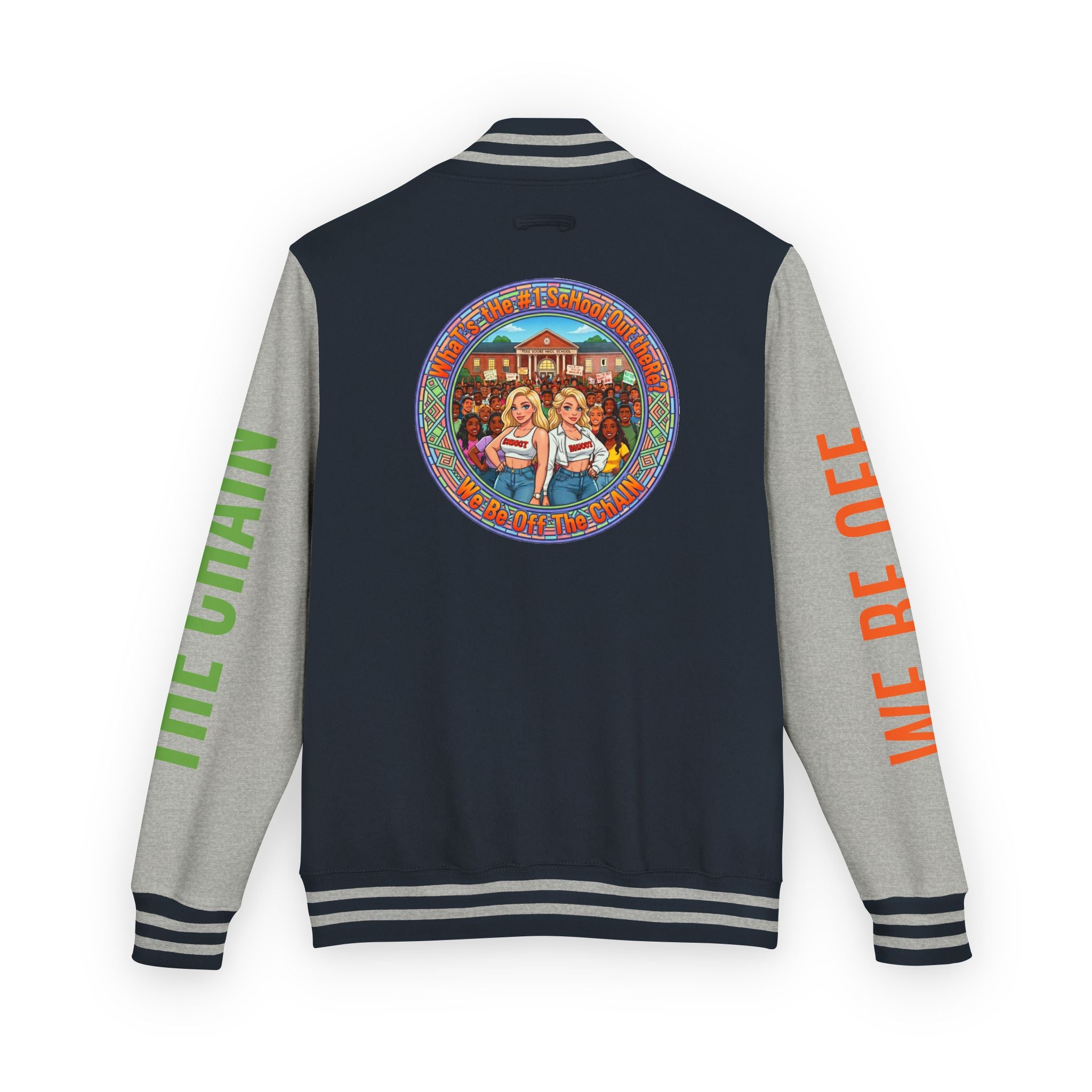 Retro Colorblock Letterman Jacket — 'We Be Off The Chain' Sleeve Print