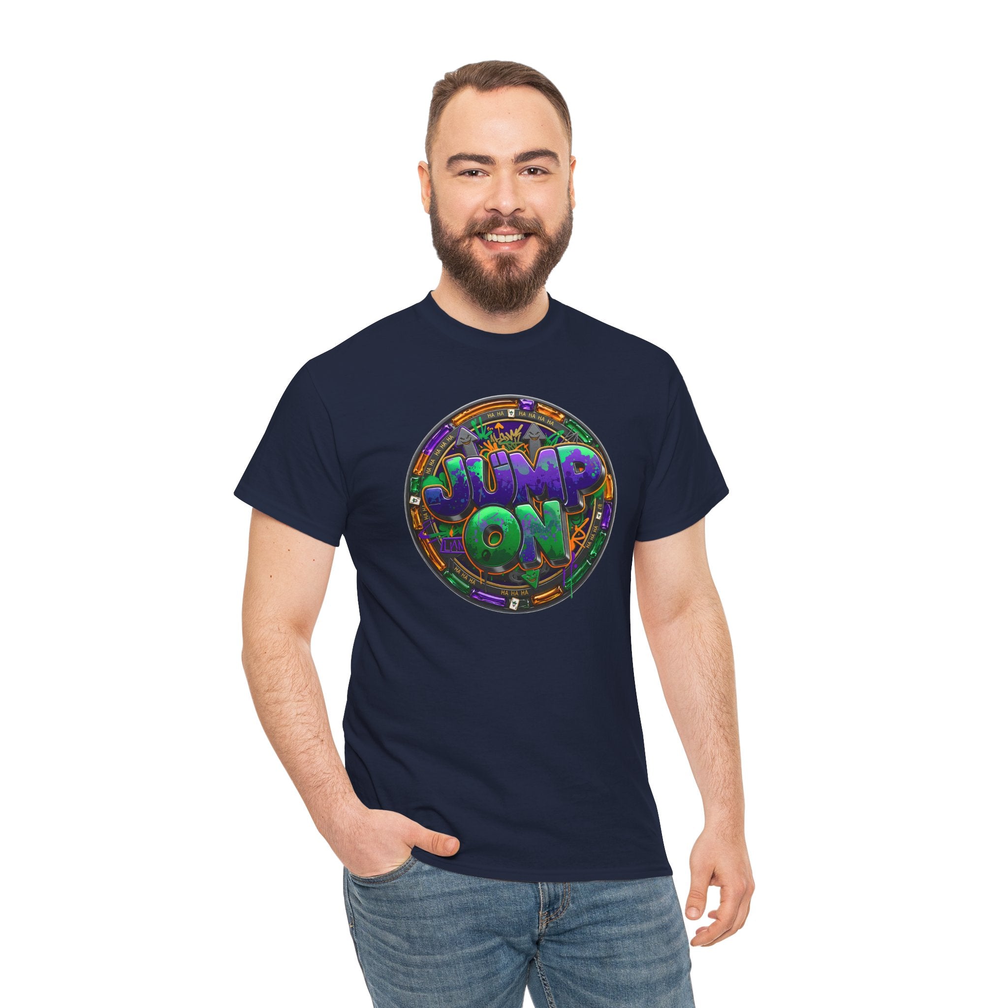 " Jump On" Circle Graphic Tee — Retro Neon Streetwear T-Shirt