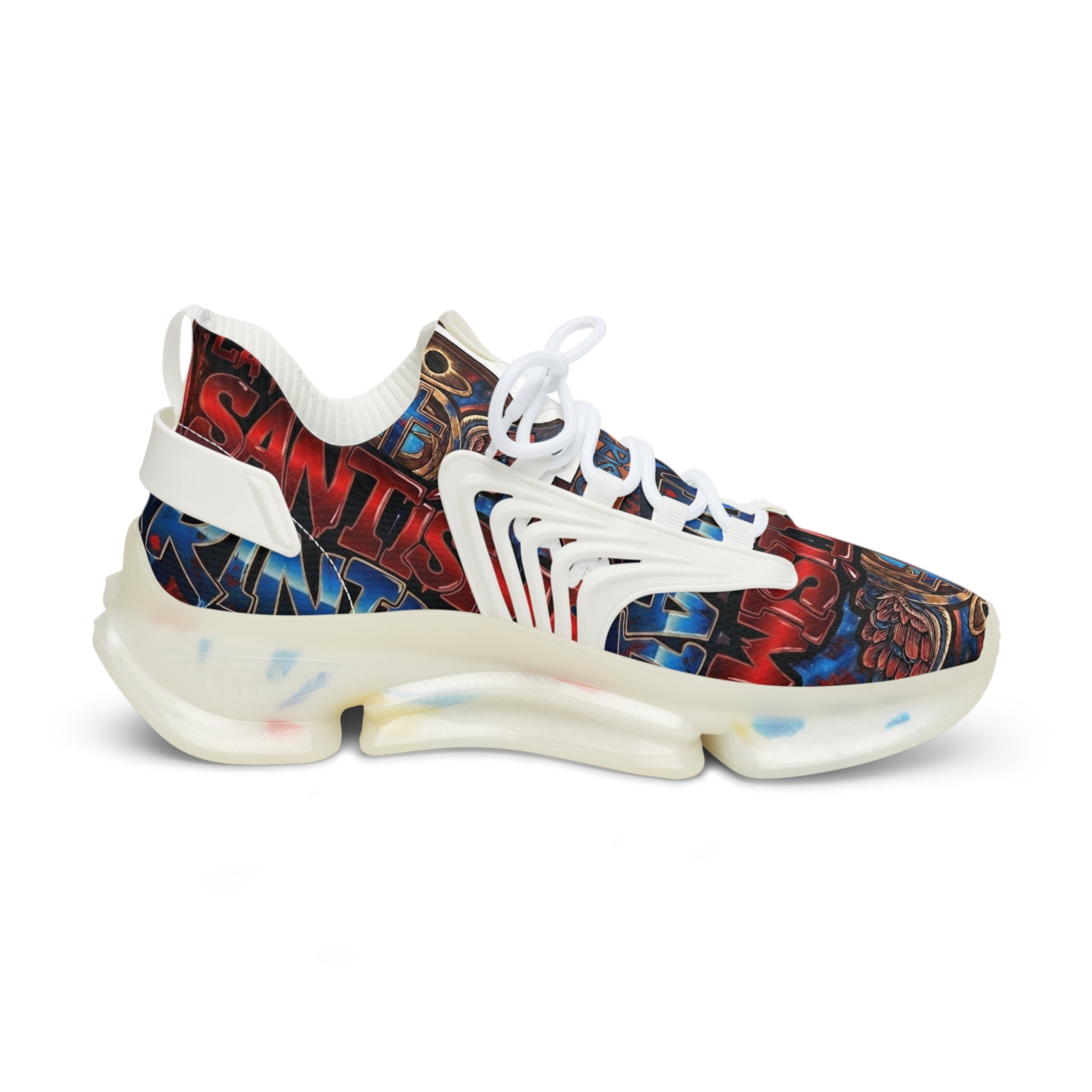 Men's Abstract Red Blue Athletic Sneakers — "La Santísima Tranidad"  Bold Pattern Mesh Running Shoes