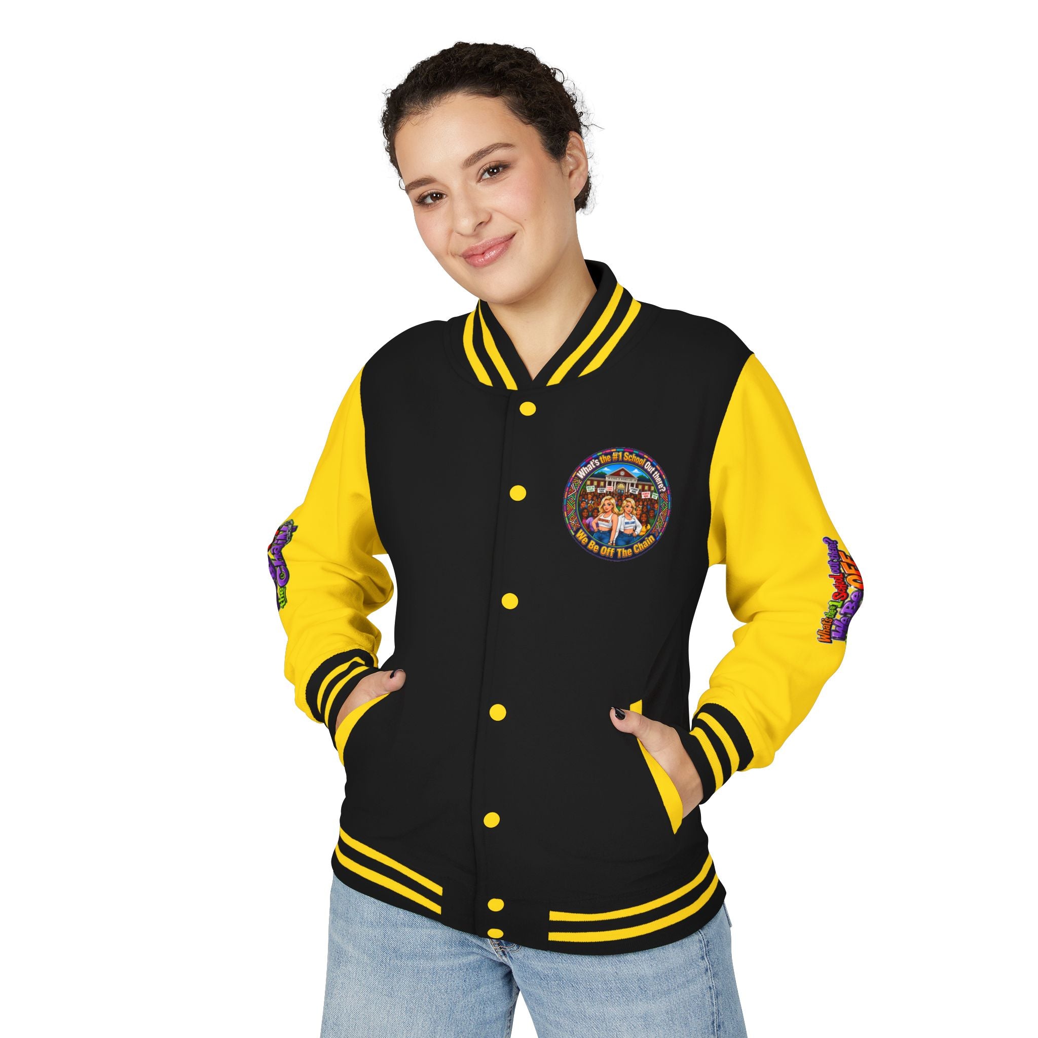 Letterman Jacket — Colorful School Spirit "We Be Off The Chain" Varsity Jacket