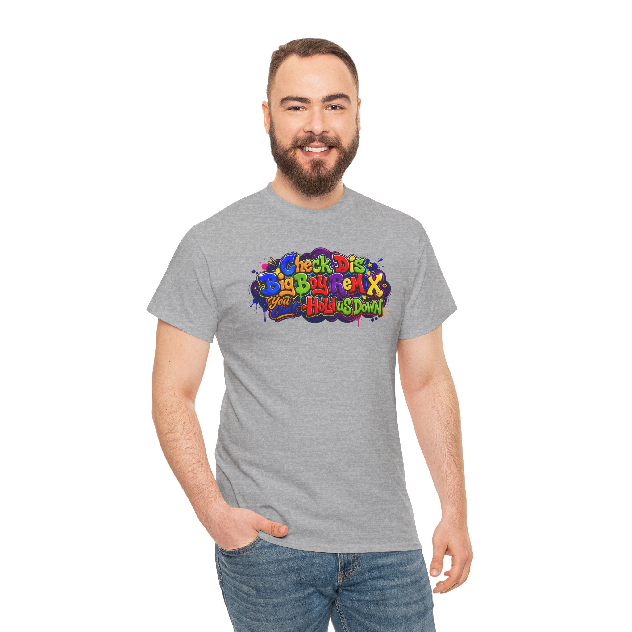 Graphic Tee — Colorful 'Check Dis Big Boy Remix' Retro Street Art T-Shirt