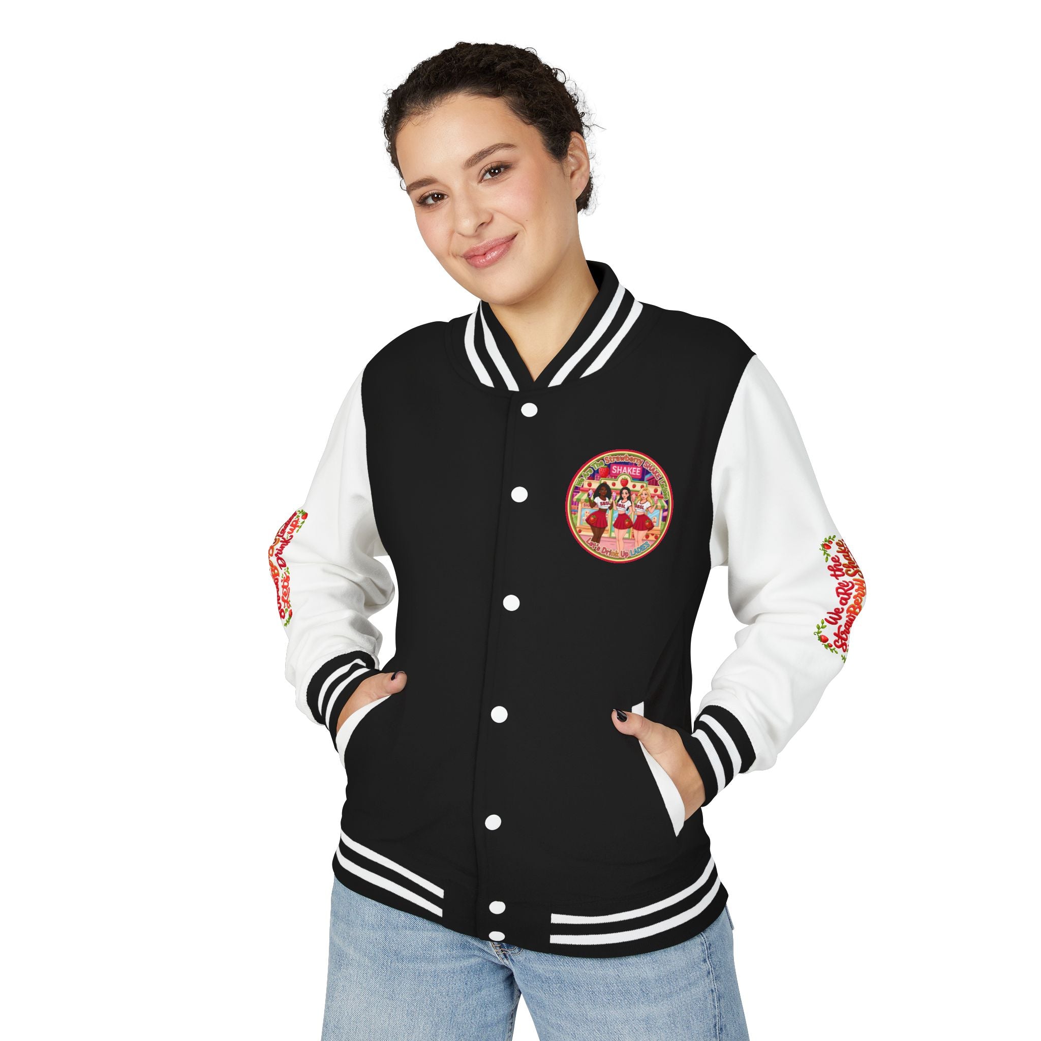 Letterman Jacket — " We Are The Strawberry Shake Ladies " Retro 'Shakee' Strawberry Girls Varsity Jacket