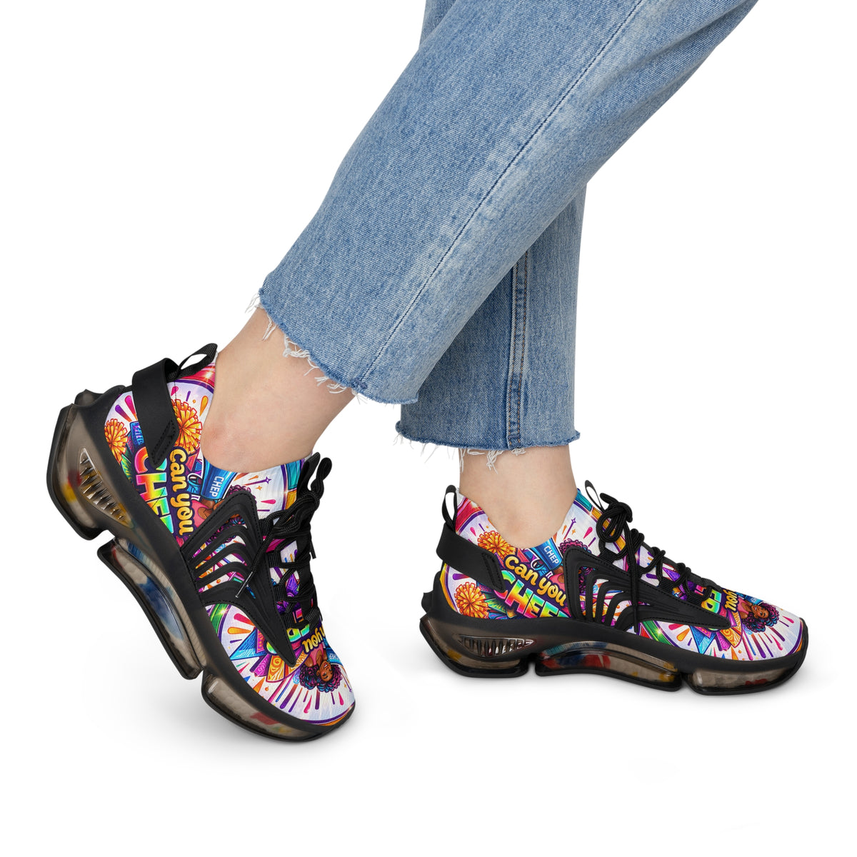Women's Cheerleader Graphic Mesh Sneakers — "Can You Cheer?" Colorful Athletic Shoes