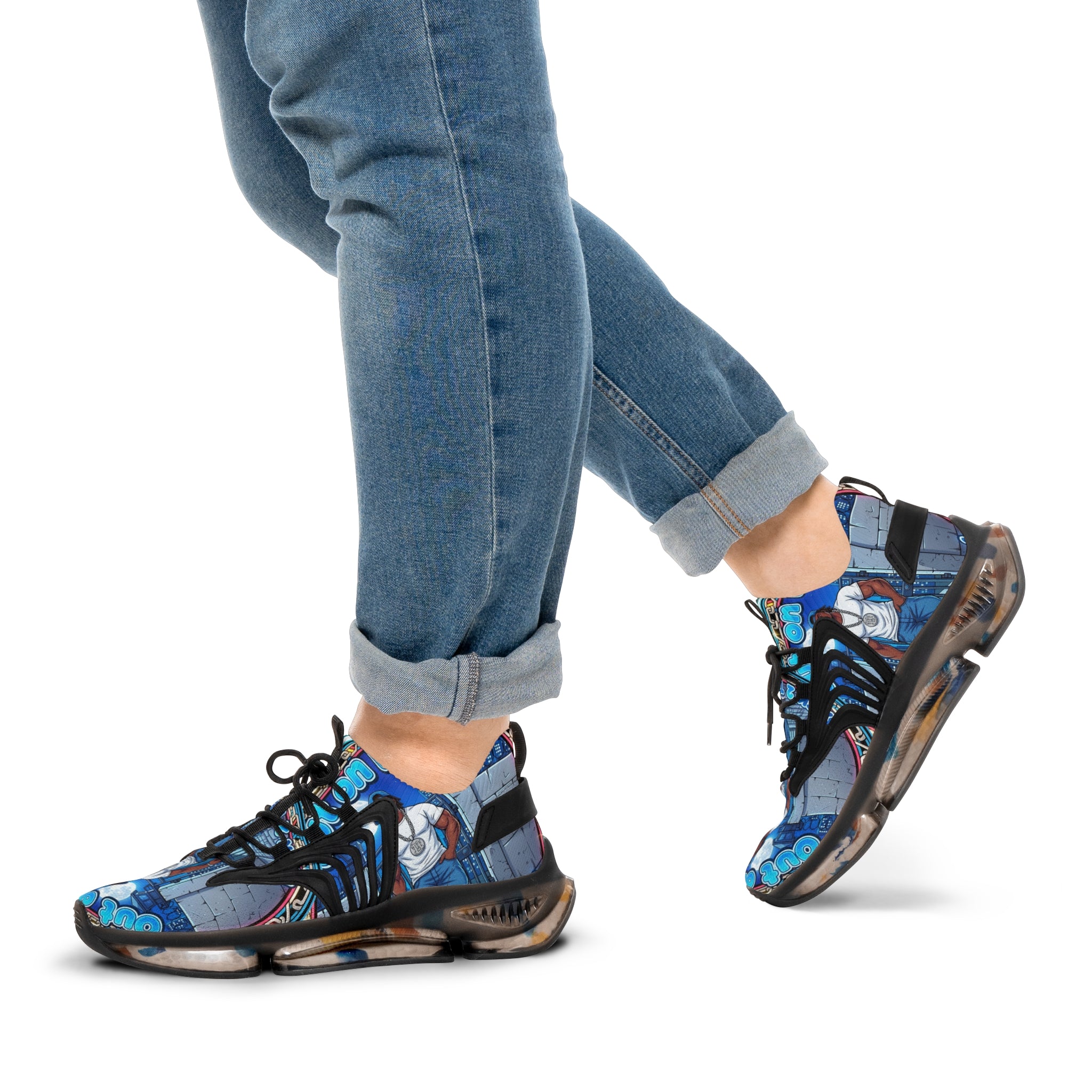 Men's Graphic Mesh Sneakers — " Out On Bail" Street Art Portrait Design