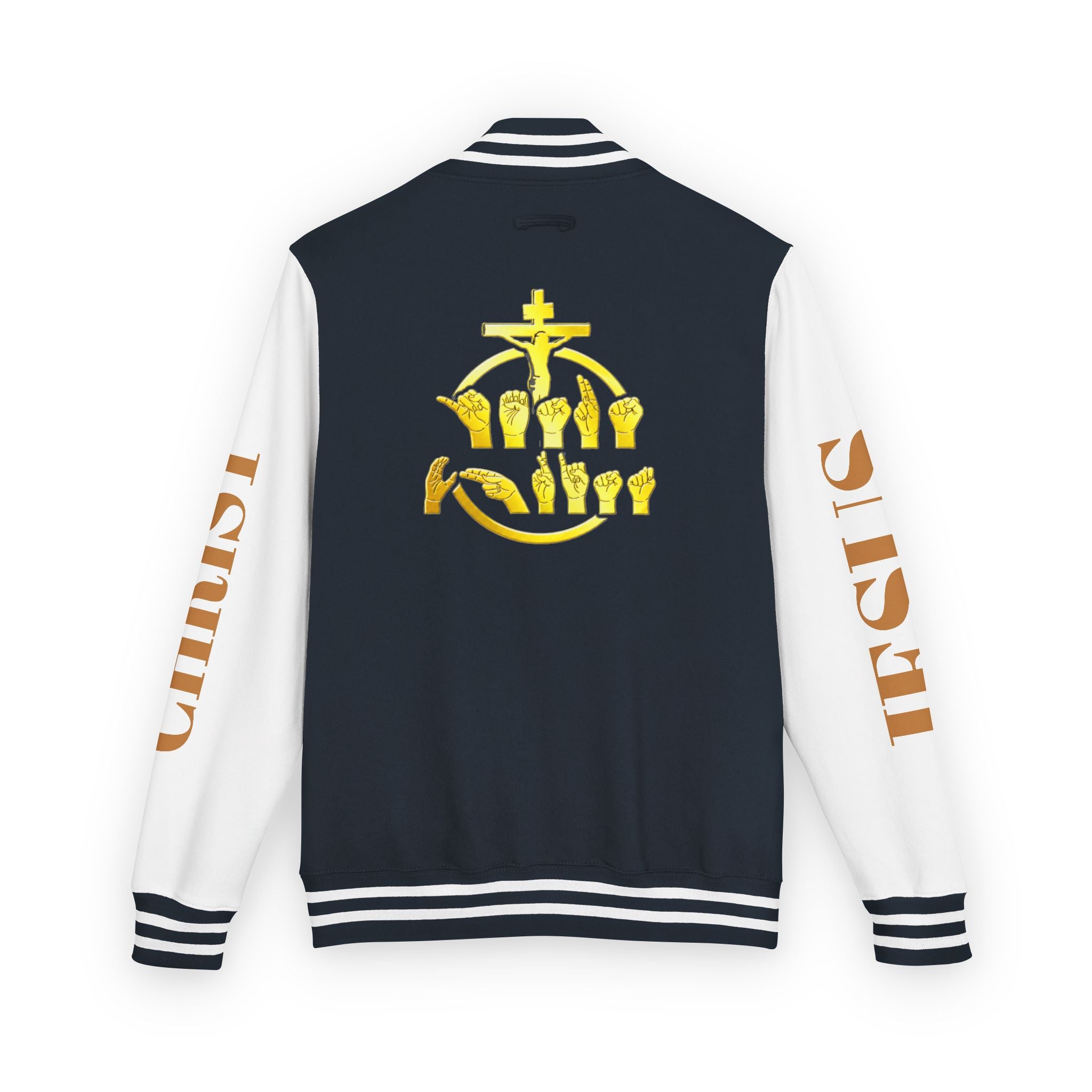 "Sign language Jesus Christ "     Christian Crown Letterman Jacket - 'Jesus Christ' Sleeve Varsity Jacket