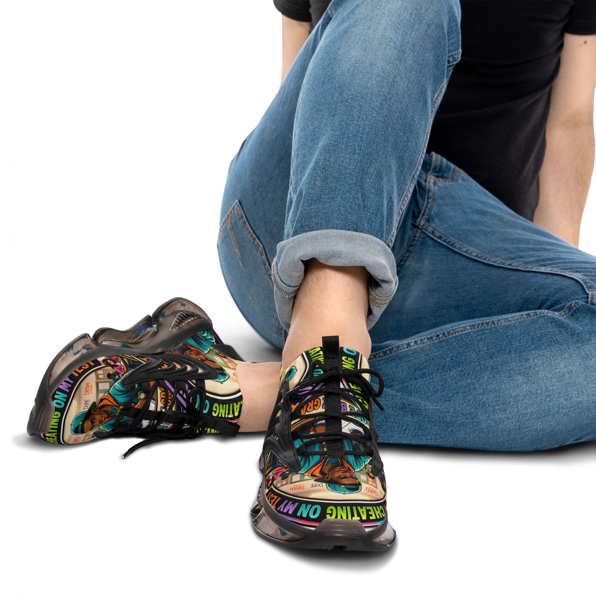 Men's Mesh Sneakers — Colorful Urban Art Graphic Trainers with 'Im Cheating On My Test' Design