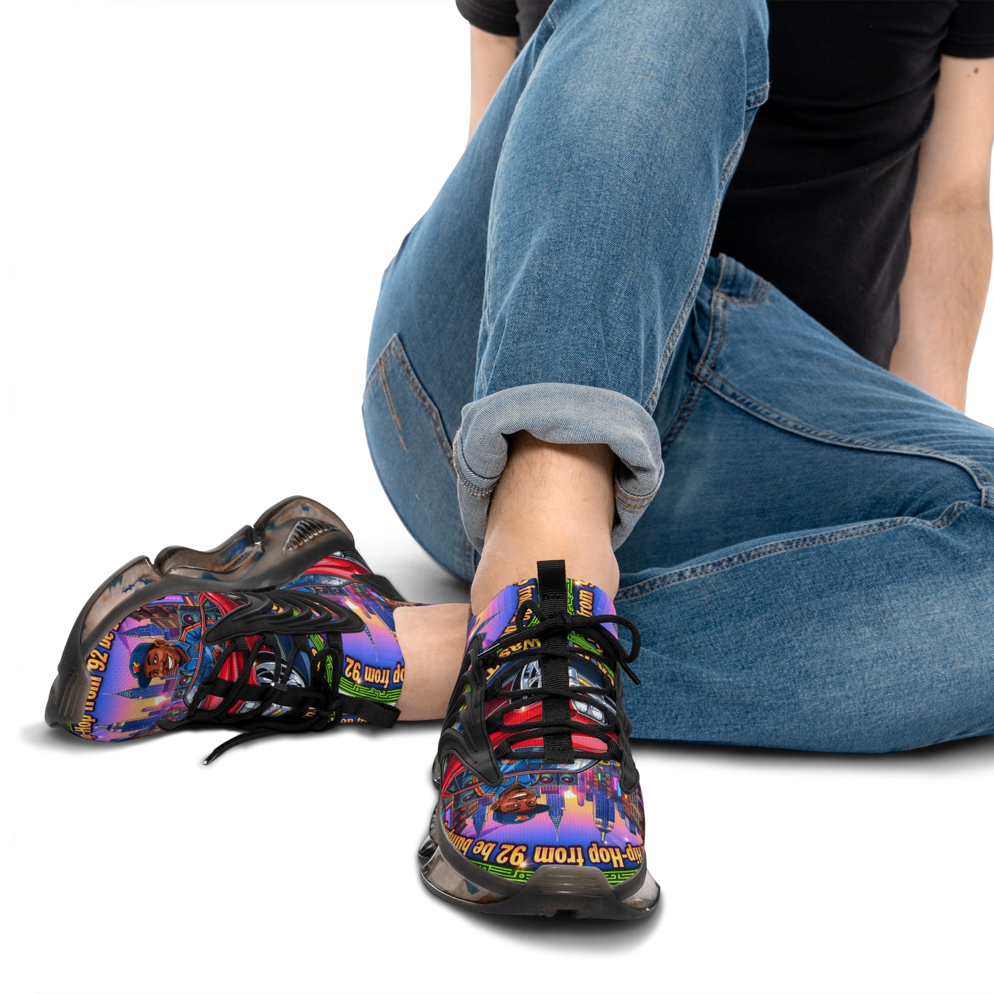 Custom Graphic Mesh Sneakers — "That Hip-hop From 92 Be Bumping" Colorful Cityscape Portrait Design