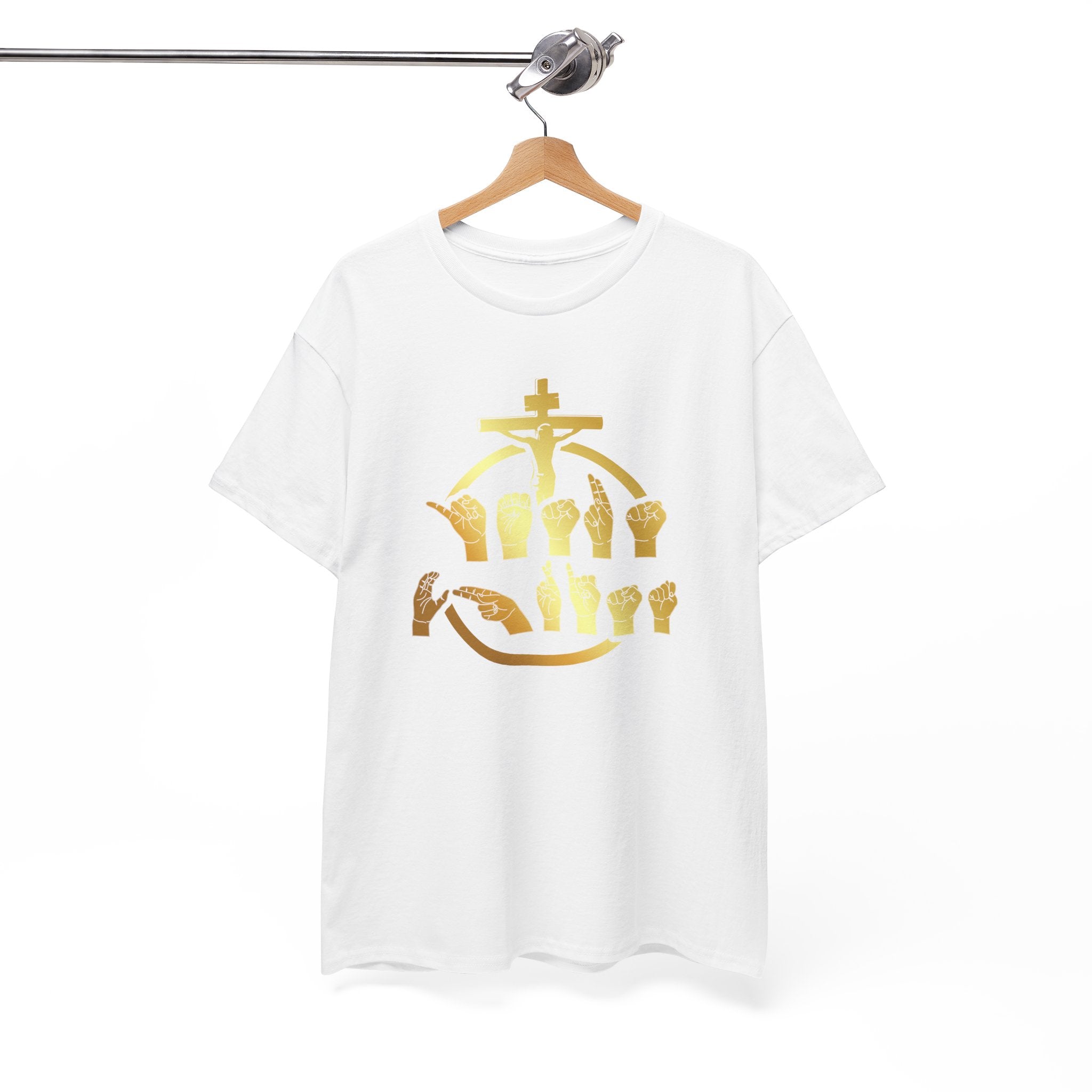 Christian Cross & Praying Hands T-Shirt — Gold Faith Design