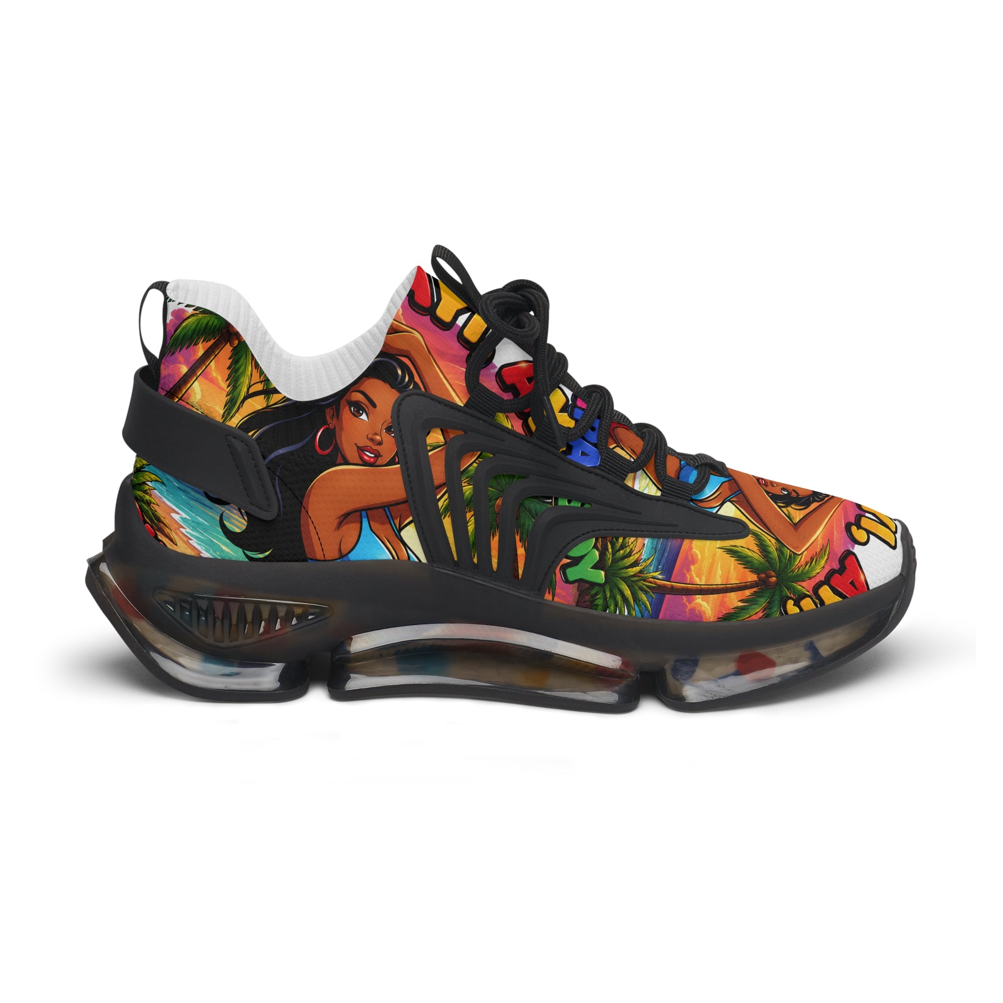 Tropical Vibe Women's Mesh Sneakers — "Ayi  Ayi Ayi Que Guapa Soy "Colorful Hawaiian Pin-Up Design