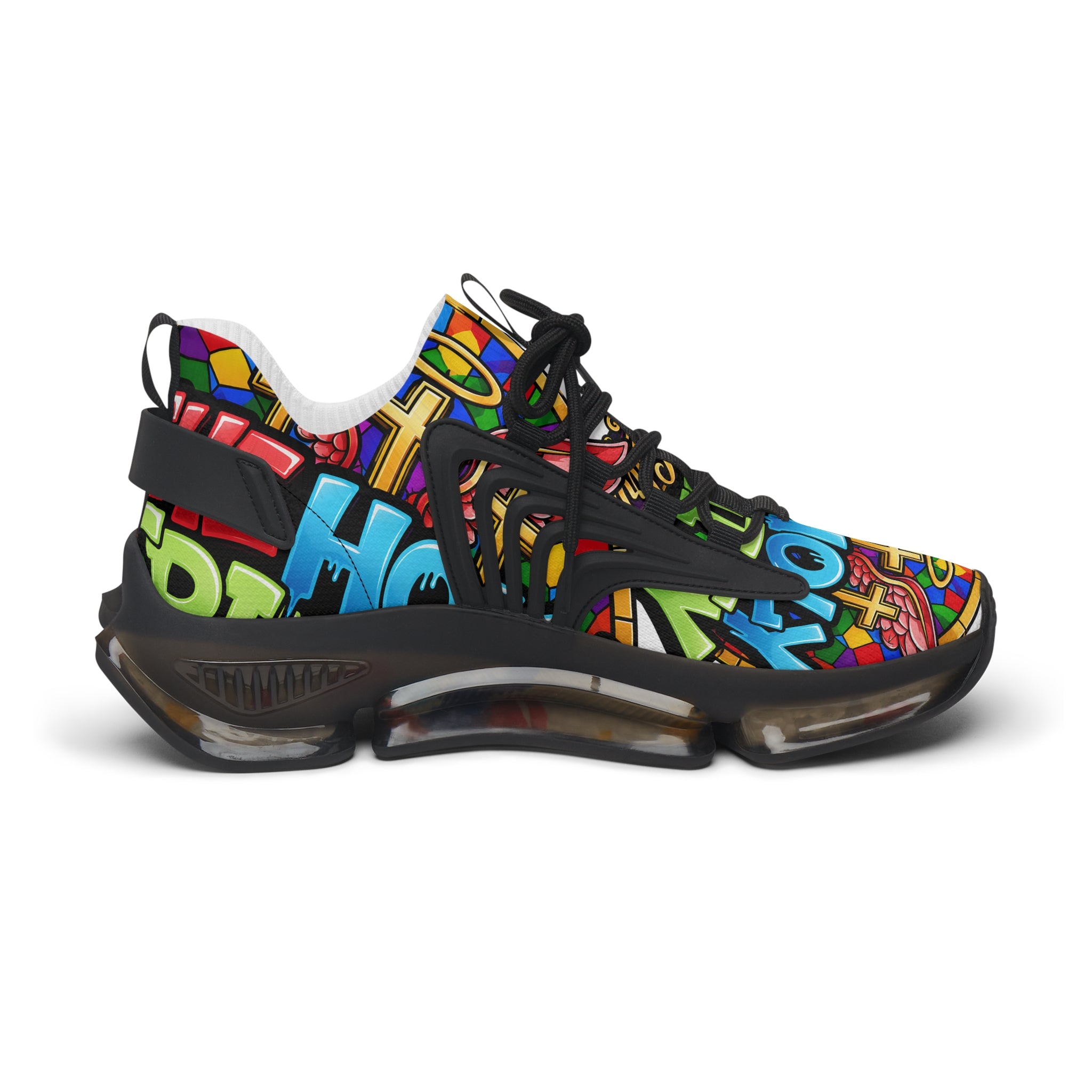 Men's Mesh Sneakers — " Holy Trinity "Colorful Graffiti Cross Design Athletic Shoes