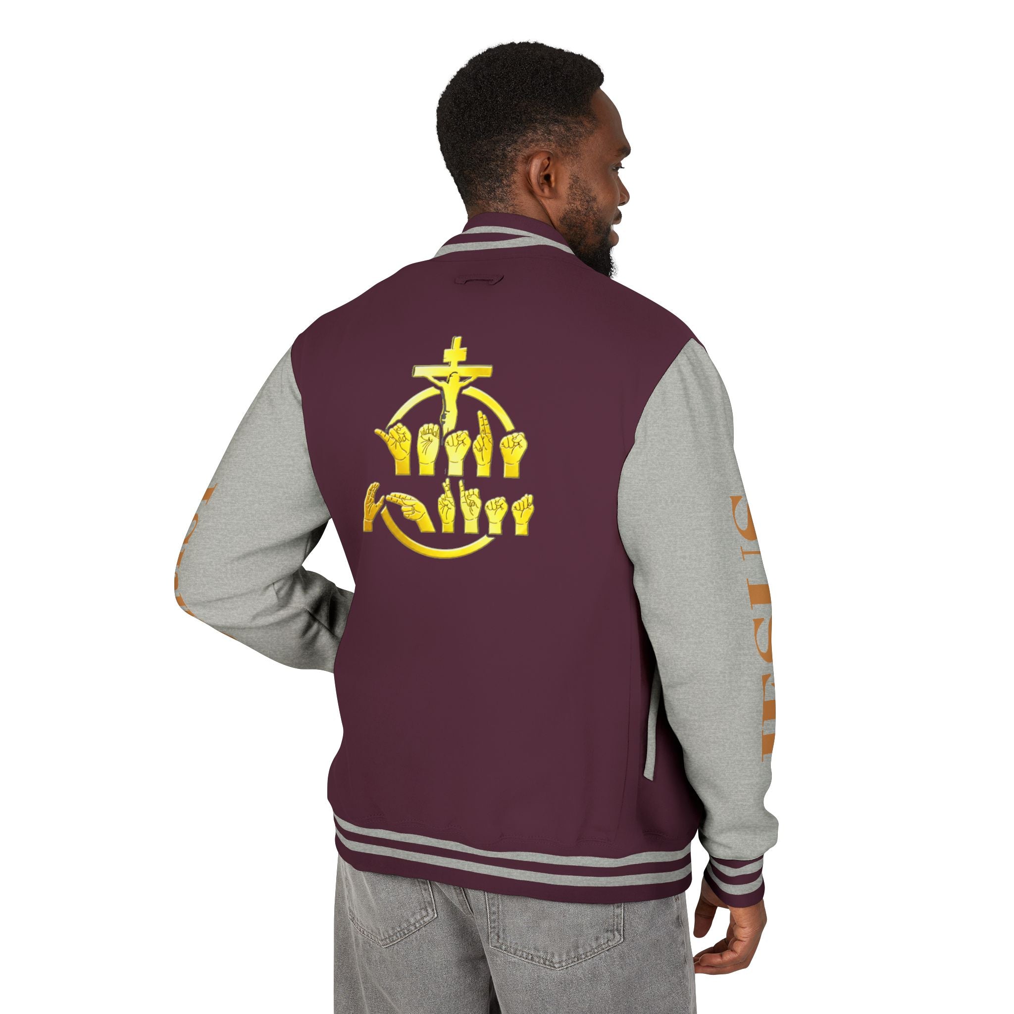"Sign language Jesus Christ "     Christian Crown Letterman Jacket - 'Jesus Christ' Sleeve Varsity Jacket