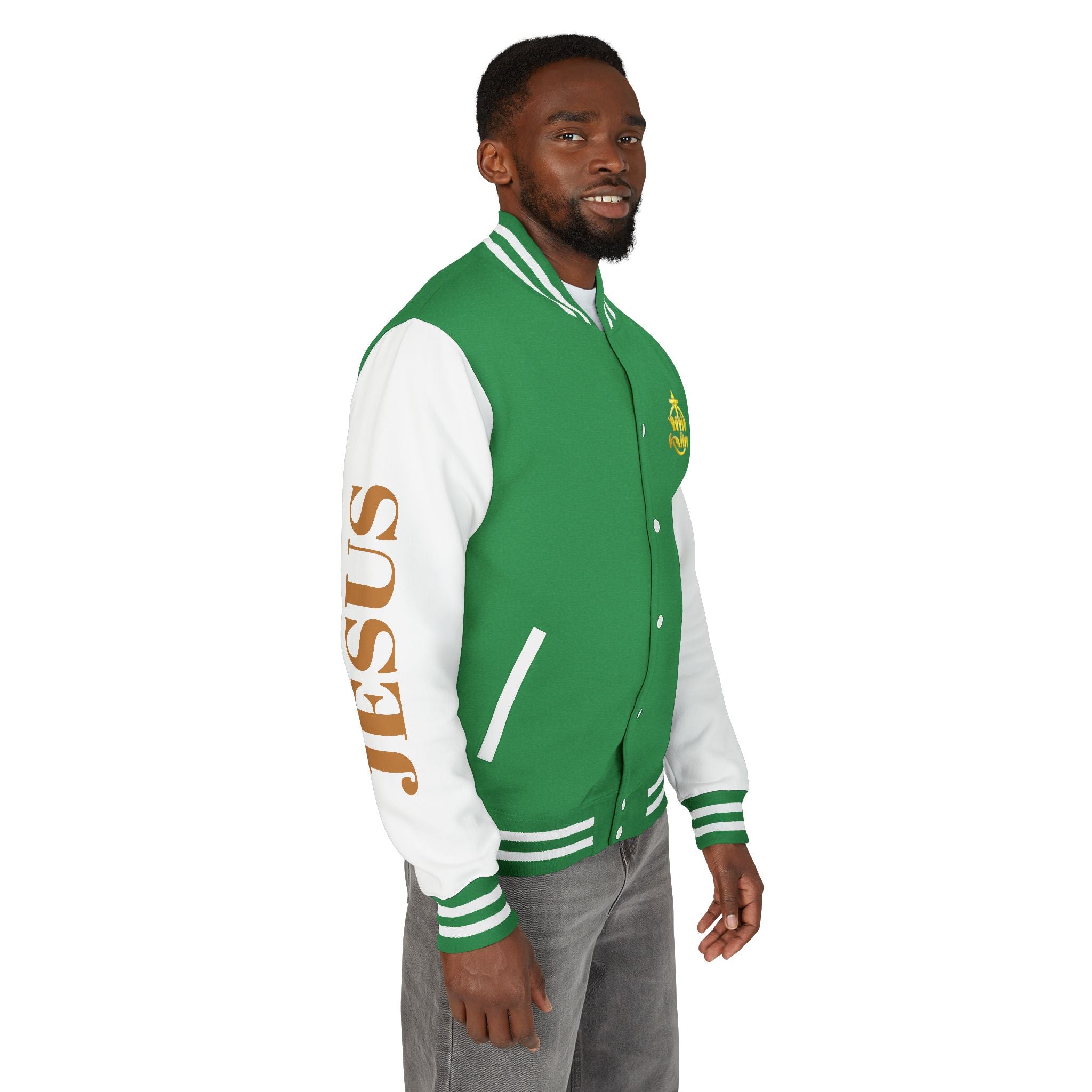 "Sign language Jesus Christ "     Christian Crown Letterman Jacket - 'Jesus Christ' Sleeve Varsity Jacket