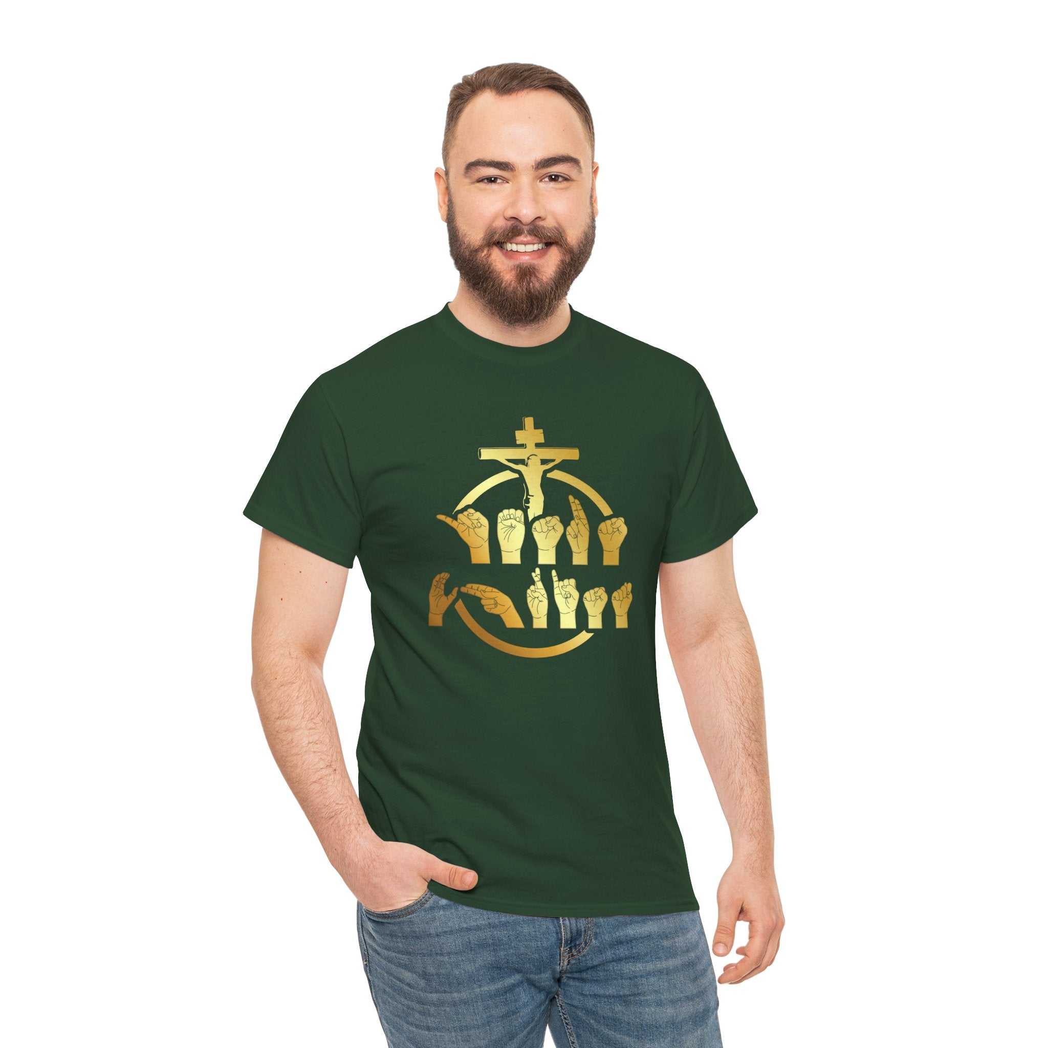Christian Cross & Praying Hands T-Shirt — Gold Faith Design