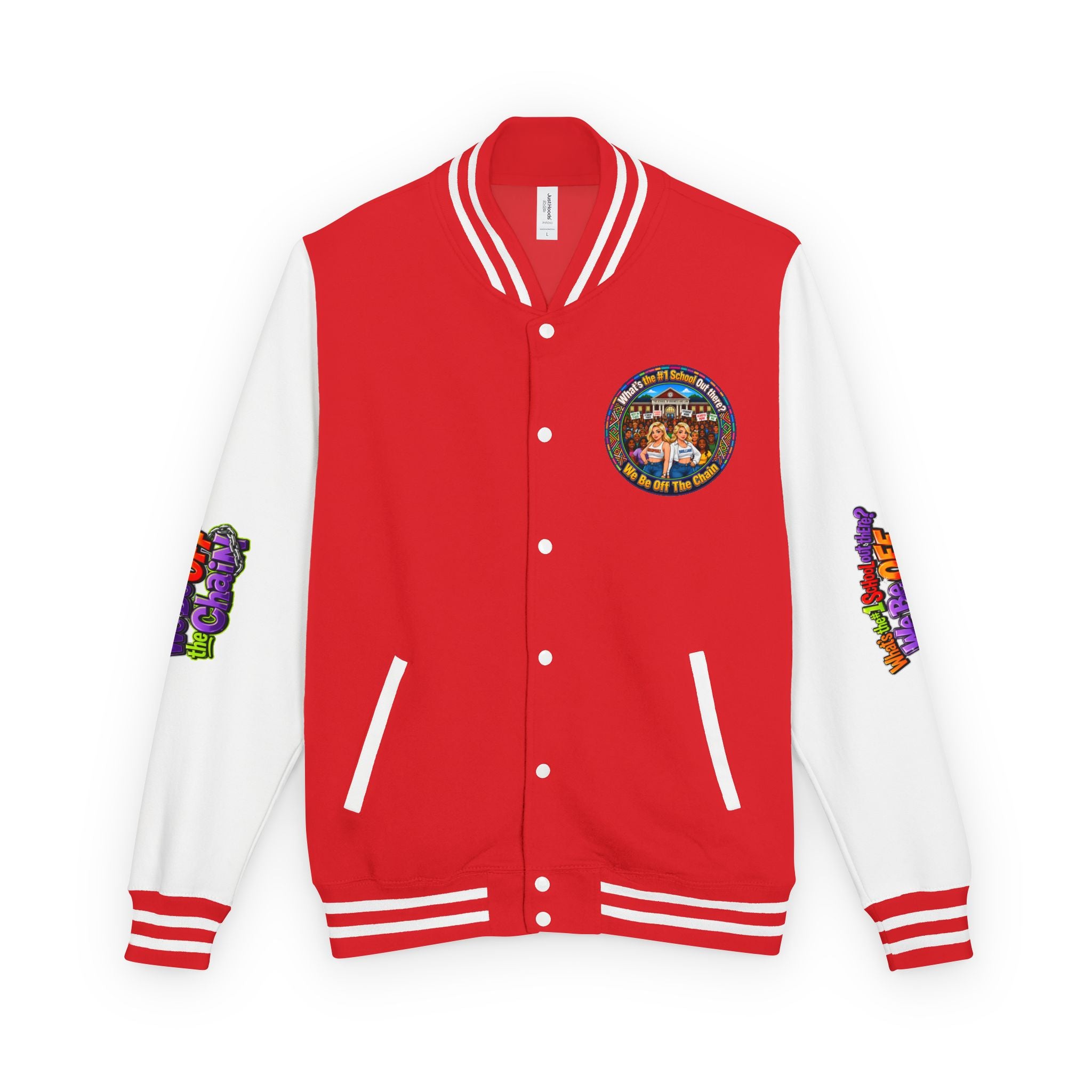 Letterman Jacket — Colorful School Spirit "We Be Off The Chain" Varsity Jacket