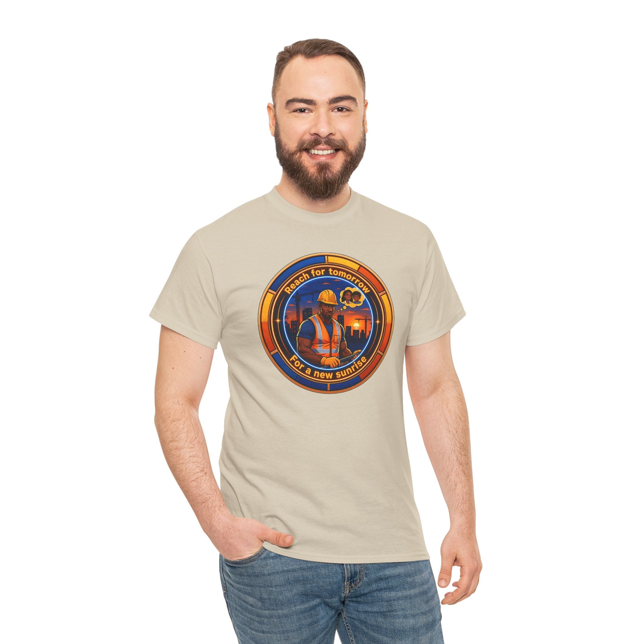 Construction Worker Sunset Tee — “Reach for Tomorrow ” Safety Crew T-Shirt
