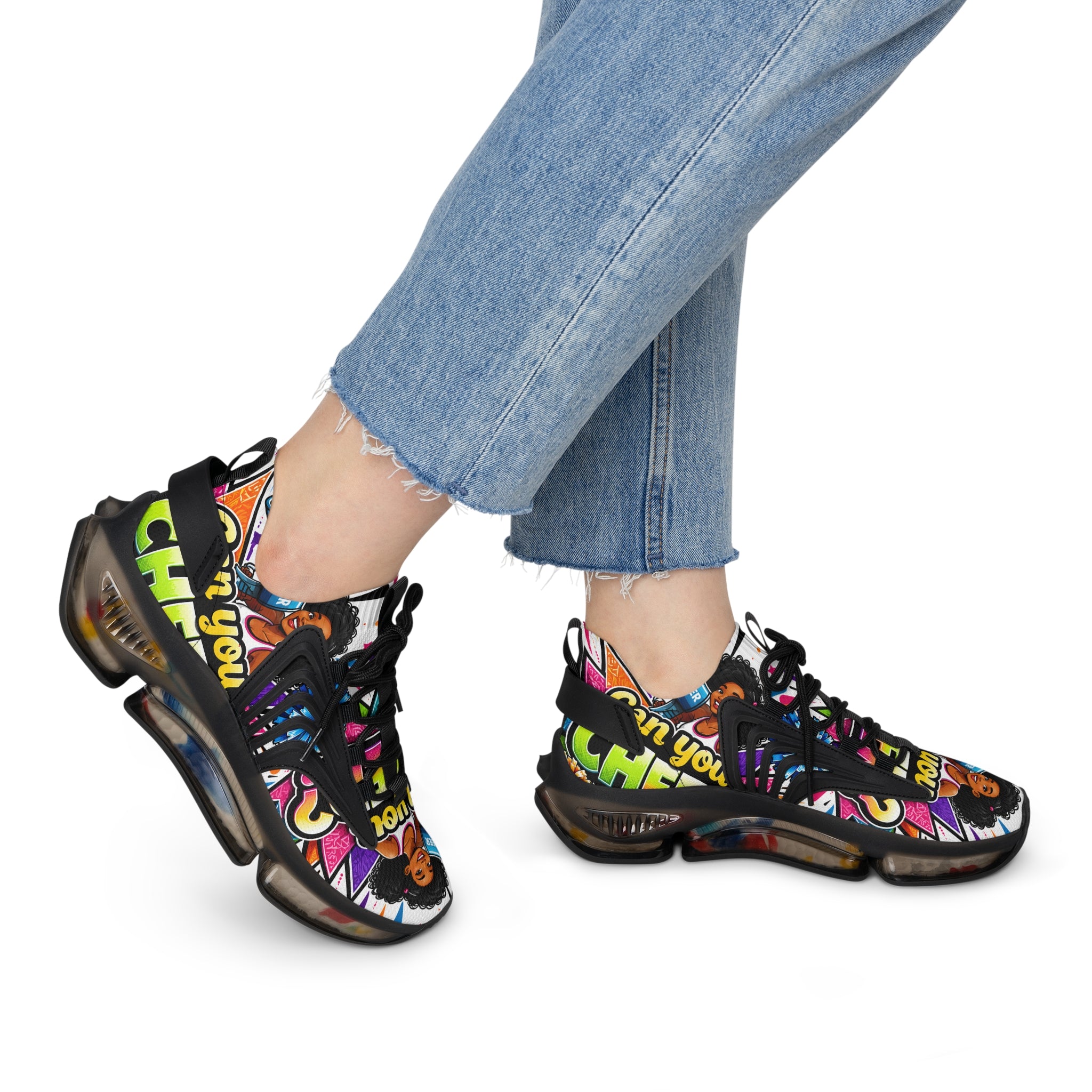 Women's Mesh Sneakers — Colorful Pop Art 'Can You Cheer?' Graphic Athletic Shoes