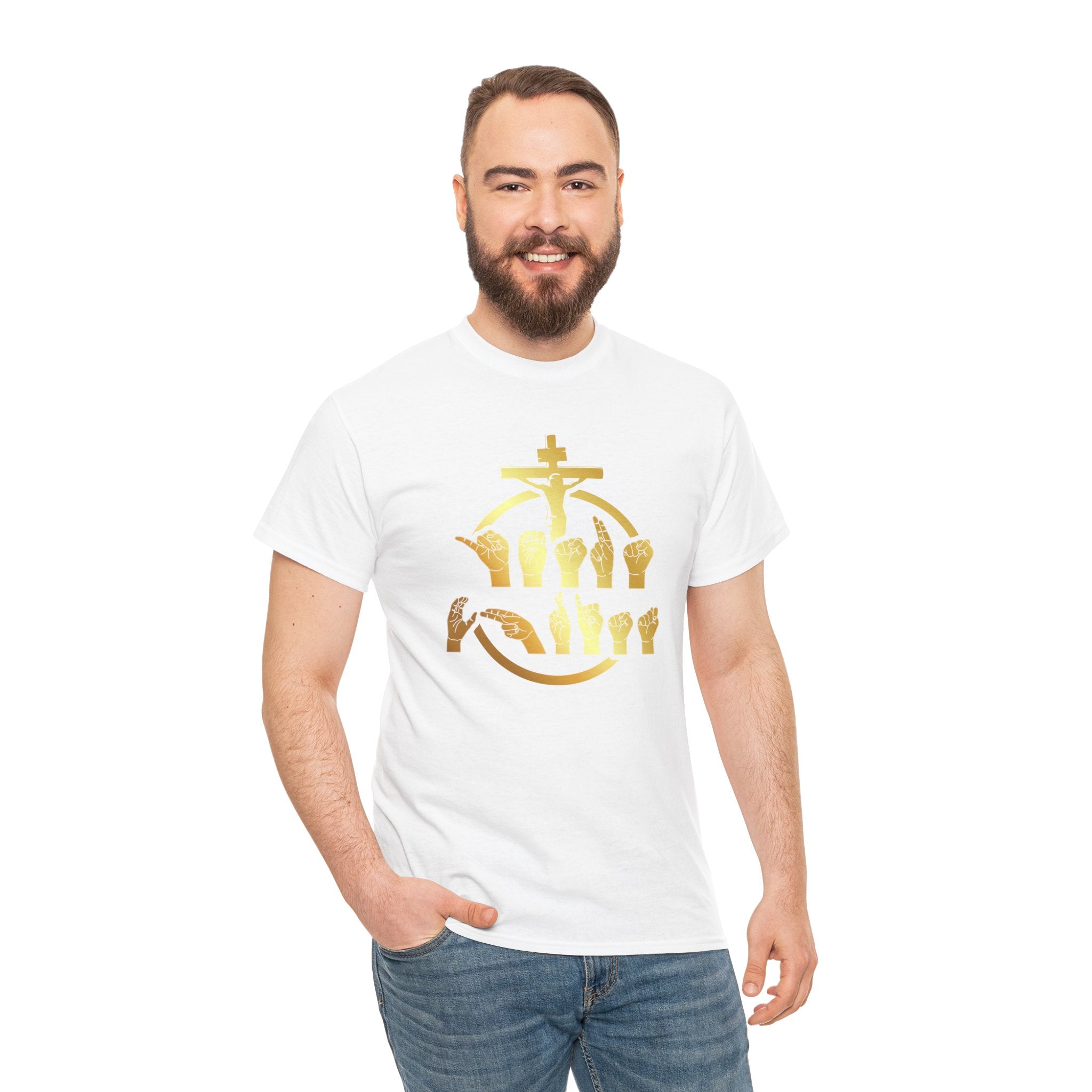 Christian Cross & Praying Hands T-Shirt — Gold Faith Design