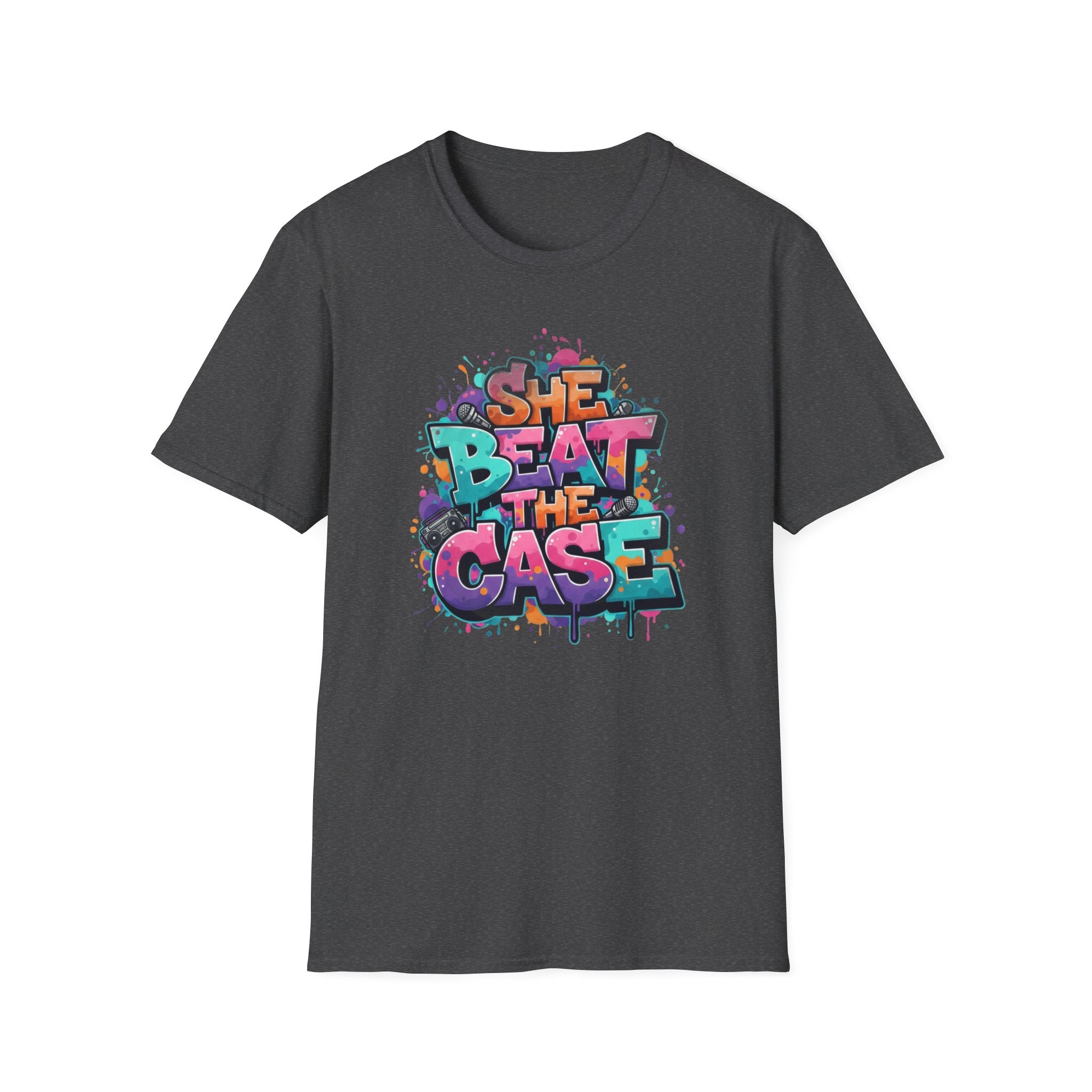 She Beat the Case Graphic T-Shirt — Colorful Graffiti Survivor Tee