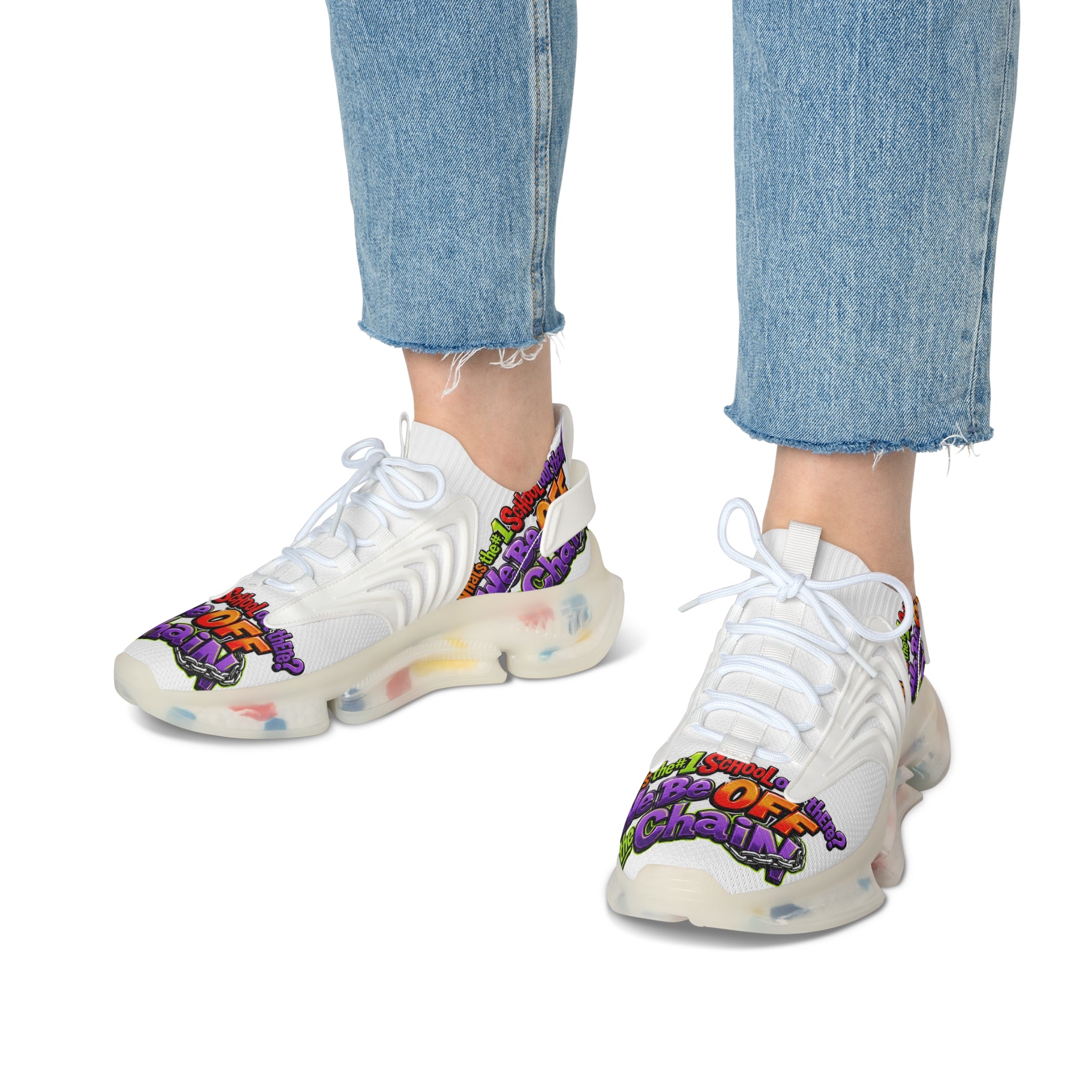Mesh Sneakers — Colorful "We Be Off the Chain" Graphic Athletic Shoes